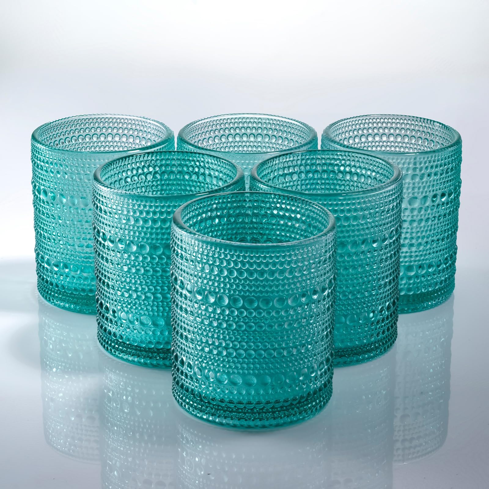 6-pack Hobnail Drinking Glasses, 10 oz Thick Modern Glass Tumbler, Double Old Fashion Glass, Vintage Bubble Glassware (Lake Green)