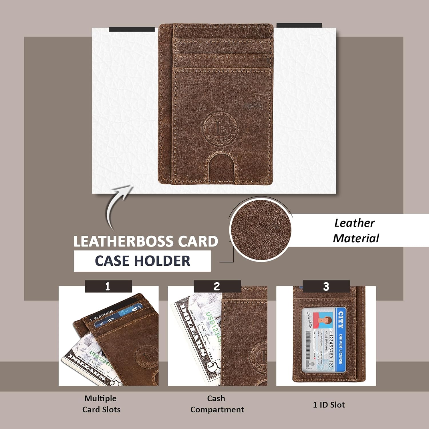 Leatherboss Genuine Leather Slim Card Holder Wallet for Men & Women | Minimalist Front Pocket Wallet | Multiple Card Slots, Cash Compartment & ID Window | (Brown) - Image 6