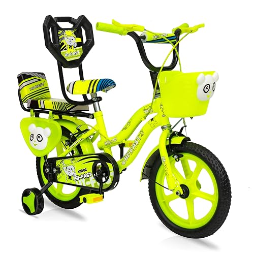 HI-Fast 14 inch Kids Cycle for Boys & Girls 2 to 5 Years with Back Seat & Training Wheels (95% Assembled), (NGreen), Rigid (DBL-GDDI14T)