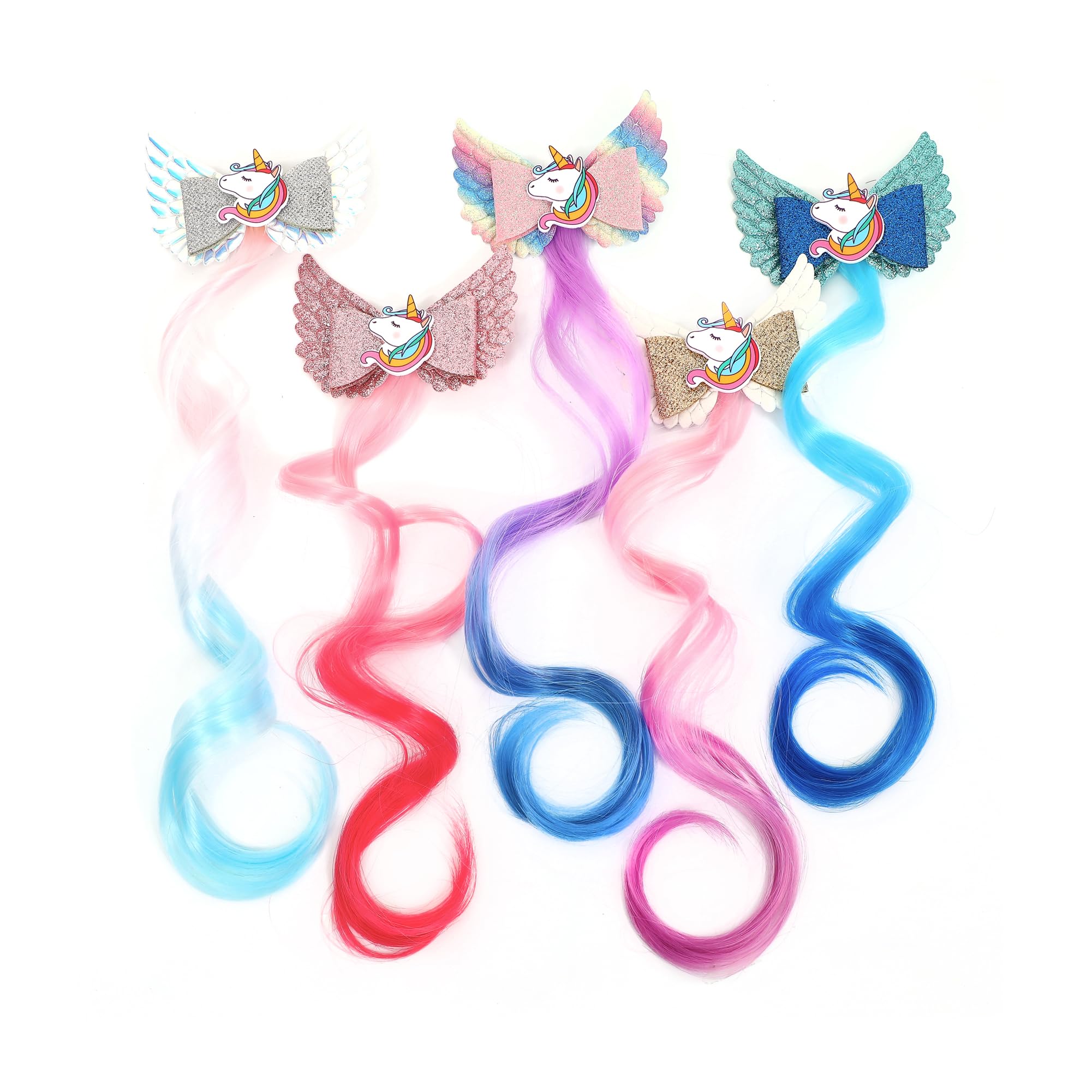 5 Pcs Angel Wings Hair Extensions For Kids，Hair Bows For Girls，Hair Clips For Little Girls，Hand-made Toddler Kids Ponytails，Cute Glitter Hair Accessories