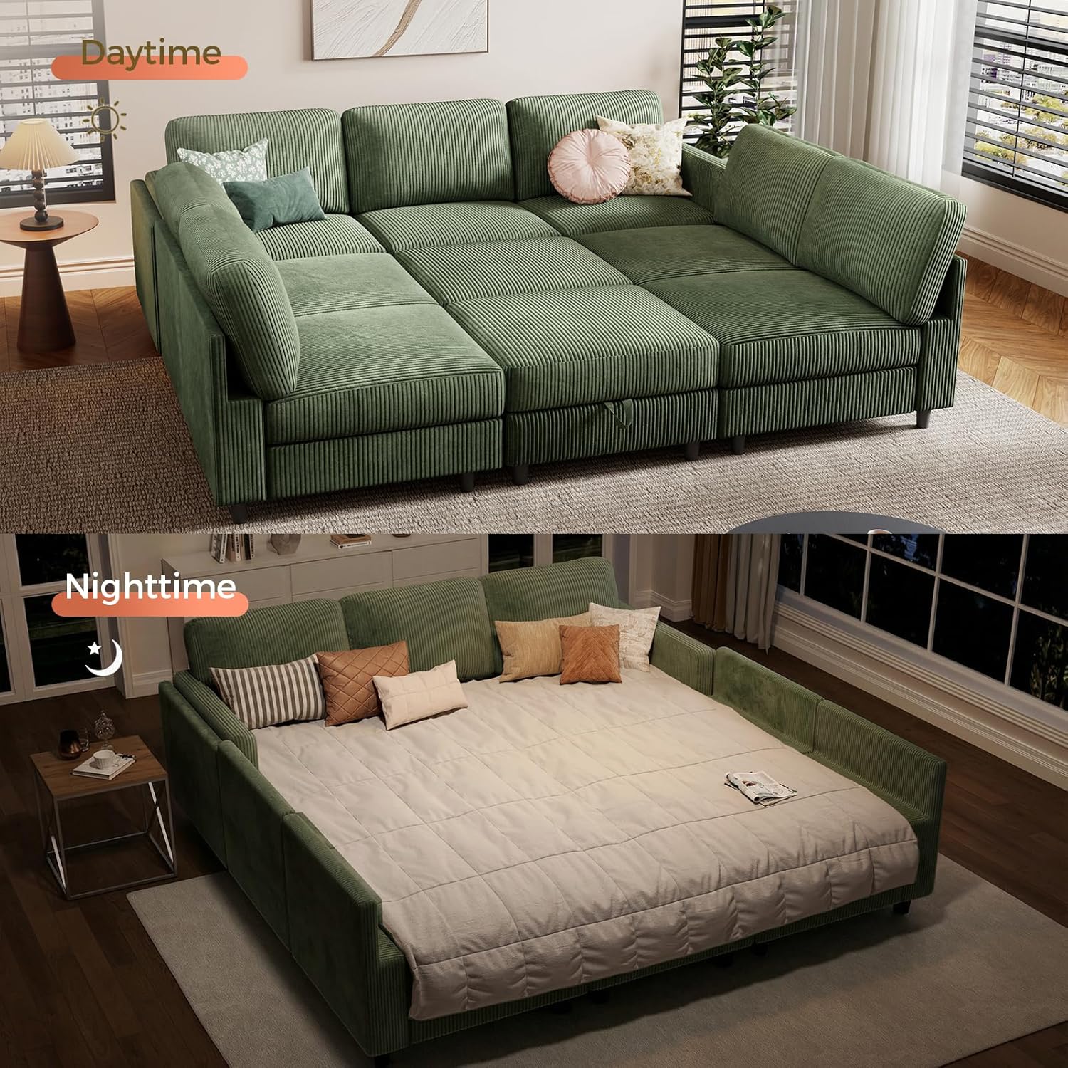KKL Modular Sectional Sofa Bed - Sofabed with Storage Ottoman, Convertible L/U-Shaped Sleeper Couch for Living Room, Modern Reversible Design, Green