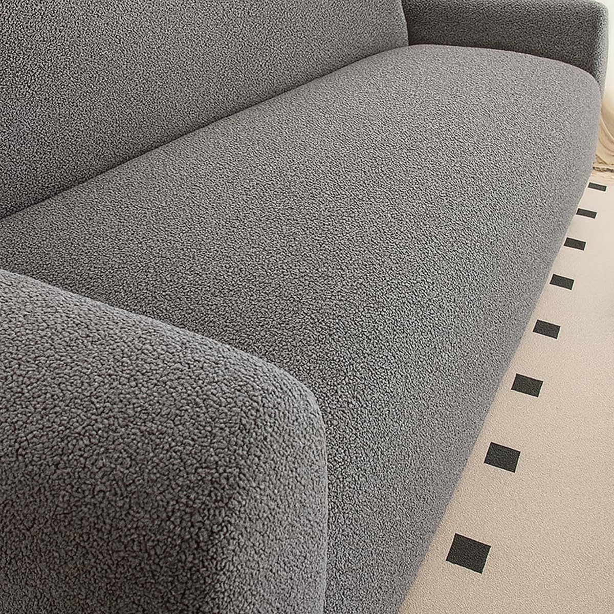 Stretch Plush Sofa Covers Bouclé Sherpa Fleece Couch Slipcovers Non Slip Full Wrap Elastic Bottom Machine Washable Furniture Protector Soft Durable Pet Fri(Size:1Seater(90-140cm),Color:Dark Gray Loop)