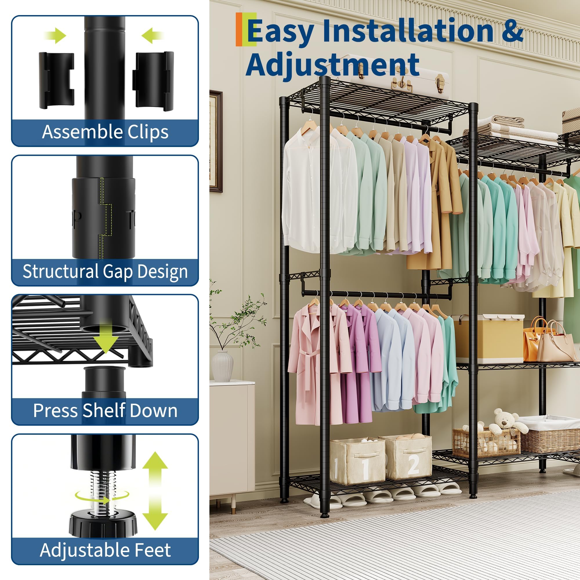 Perchero de Ropa, Perchero Resistente Profesional, Armario Vestidor con 3 Combinaciones Niveles 2×3×2, Vestidor para Dormitorio de Adulto, Negro 180×40×194,2cm