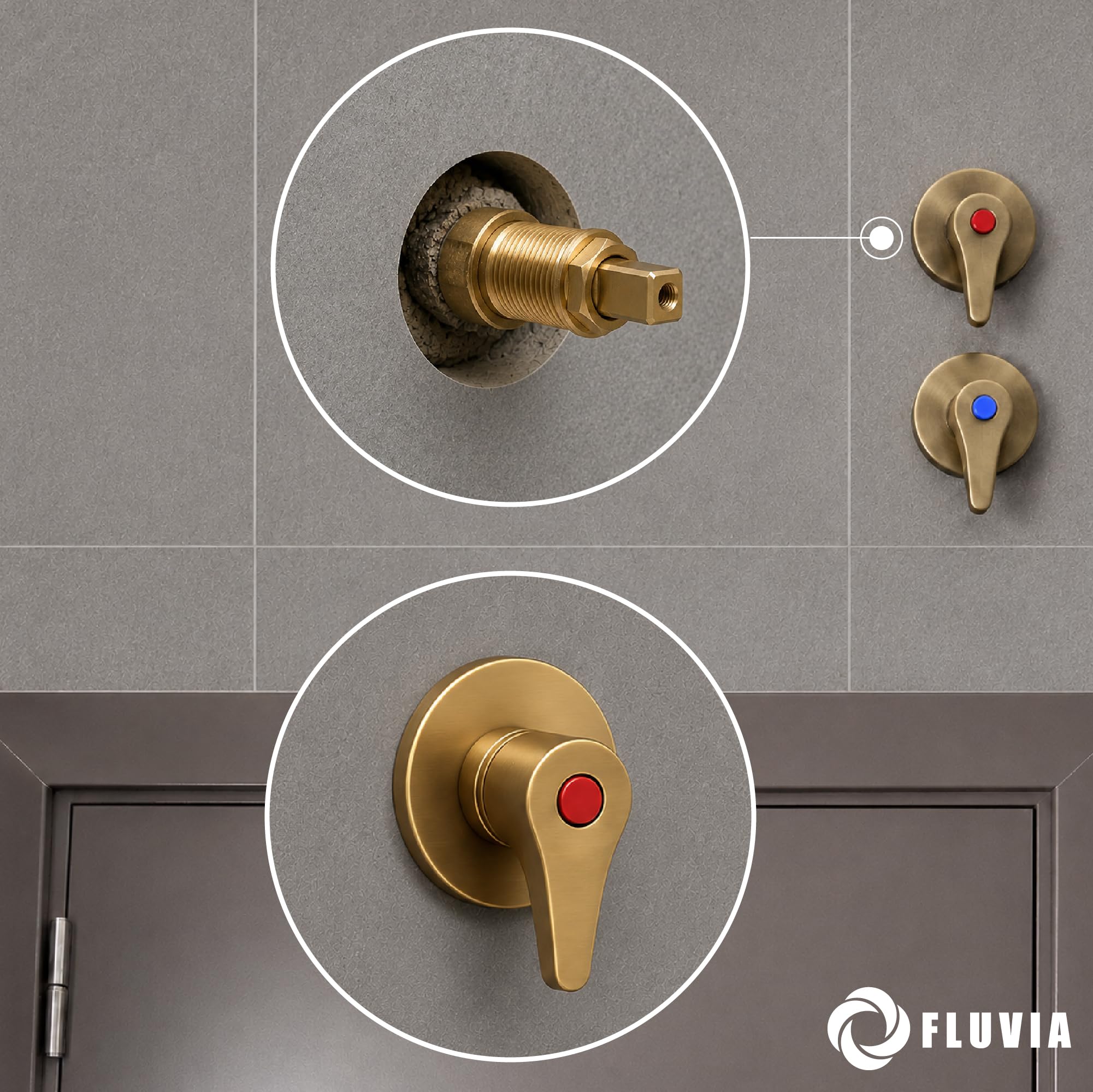 FLUVIA Embellecedor Llave Paso Mando Palanca Zamak Cromado Pulido 69x54 mm Compatible Ducha Grifo Empotrado Dorado