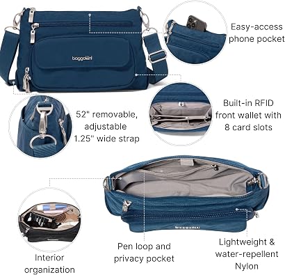 Baggallini Original Everyday 11x7.5 Crossbody Bags Rfid Protected Lightweight Nylon Zippered Travel Purse
