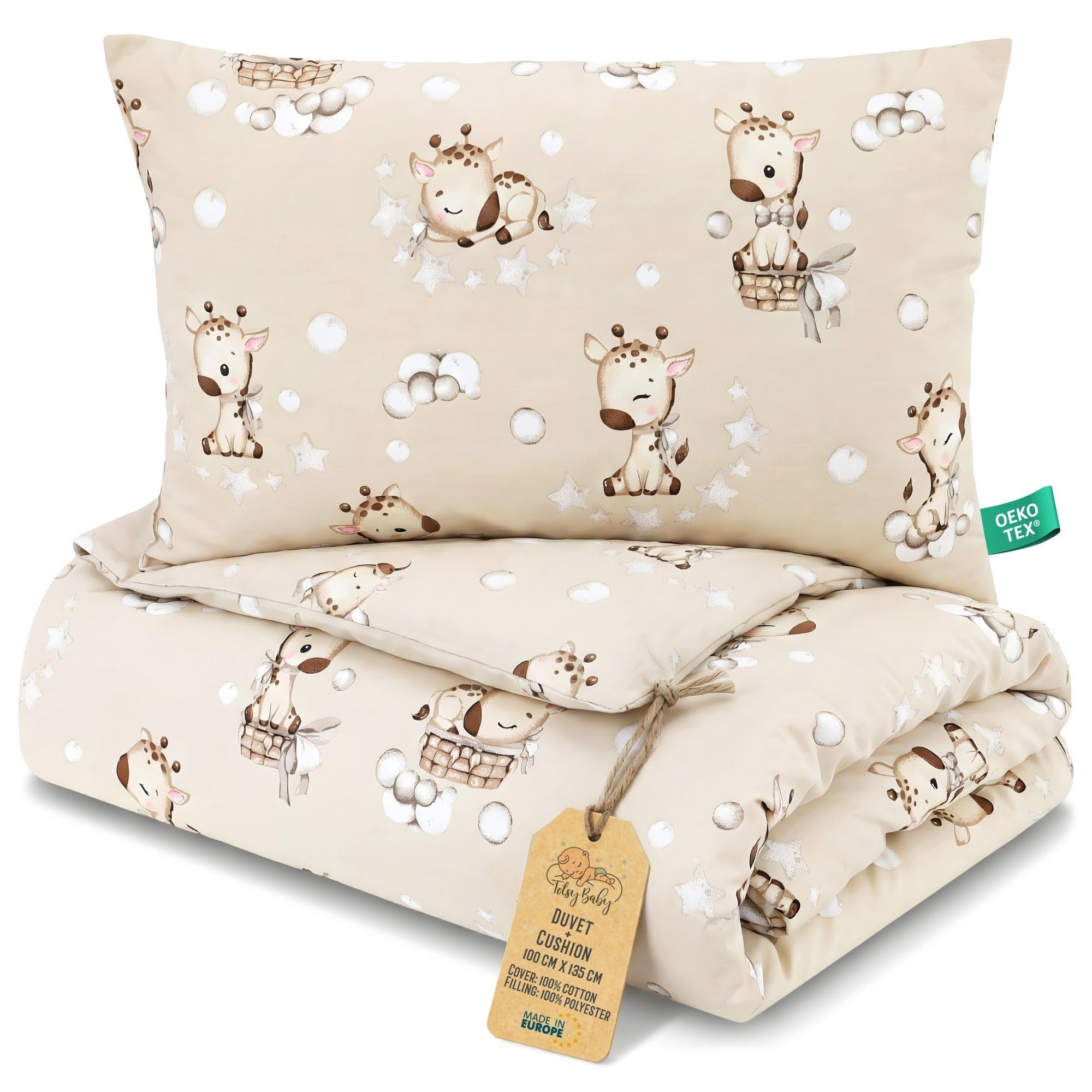 Totsy Baby Toddler Duvet Pillow Set 100x135 cm Quilt 40x60cm Cushion - Coton Lightweight Breathable Bedding Insert for Cot Nursery Travel Cots bed Insert Only 100 x 135 Oeko-tex Giraffes