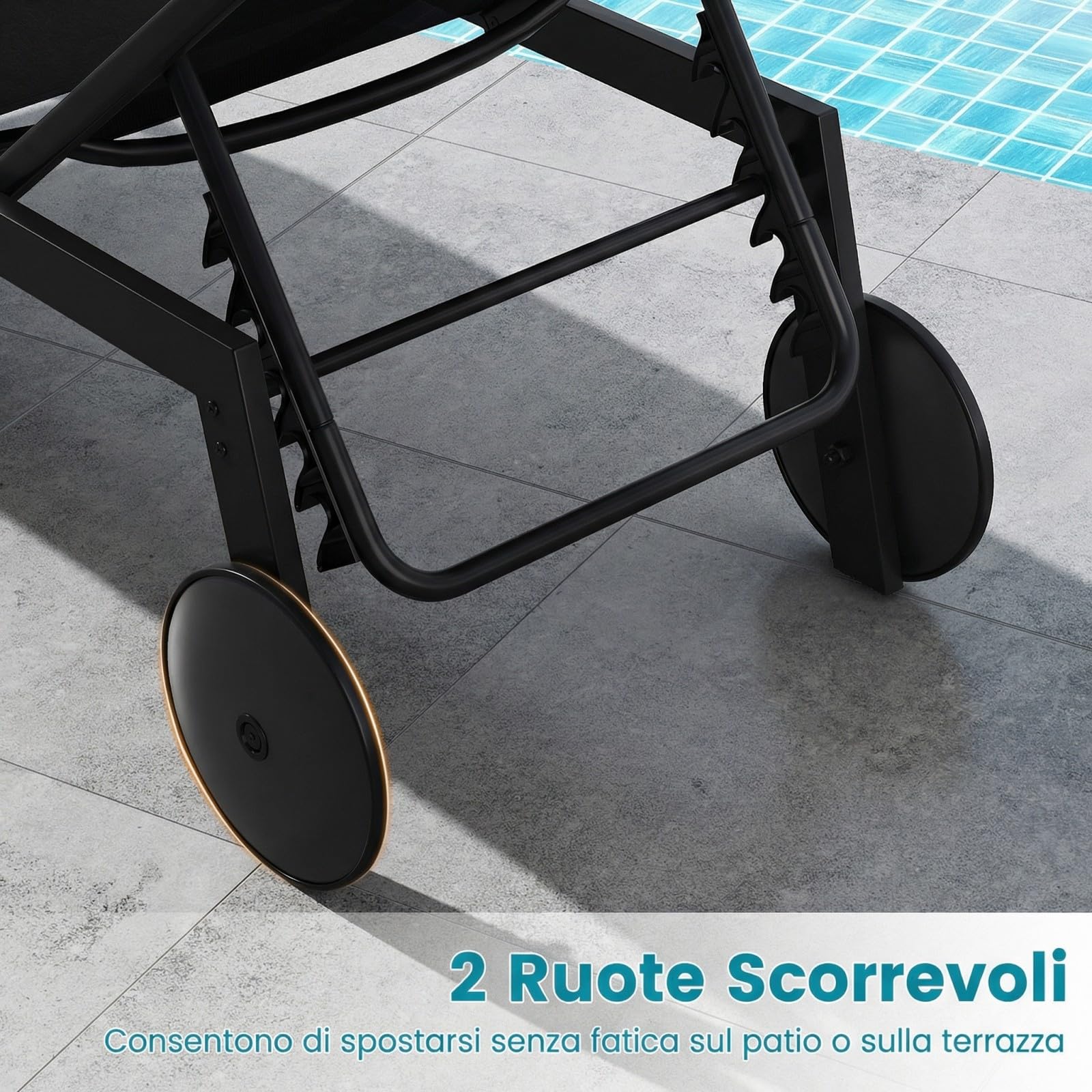 COSTWAY Lettino Prendisole da Giardino, Sdraio da Patio con Schienale Regolabile a 6 Posizioni, Tessuto Traspirante, 2 Ruote, per Piscina, Terrazza e Giardino, Portata 150 kg (Nero,1)