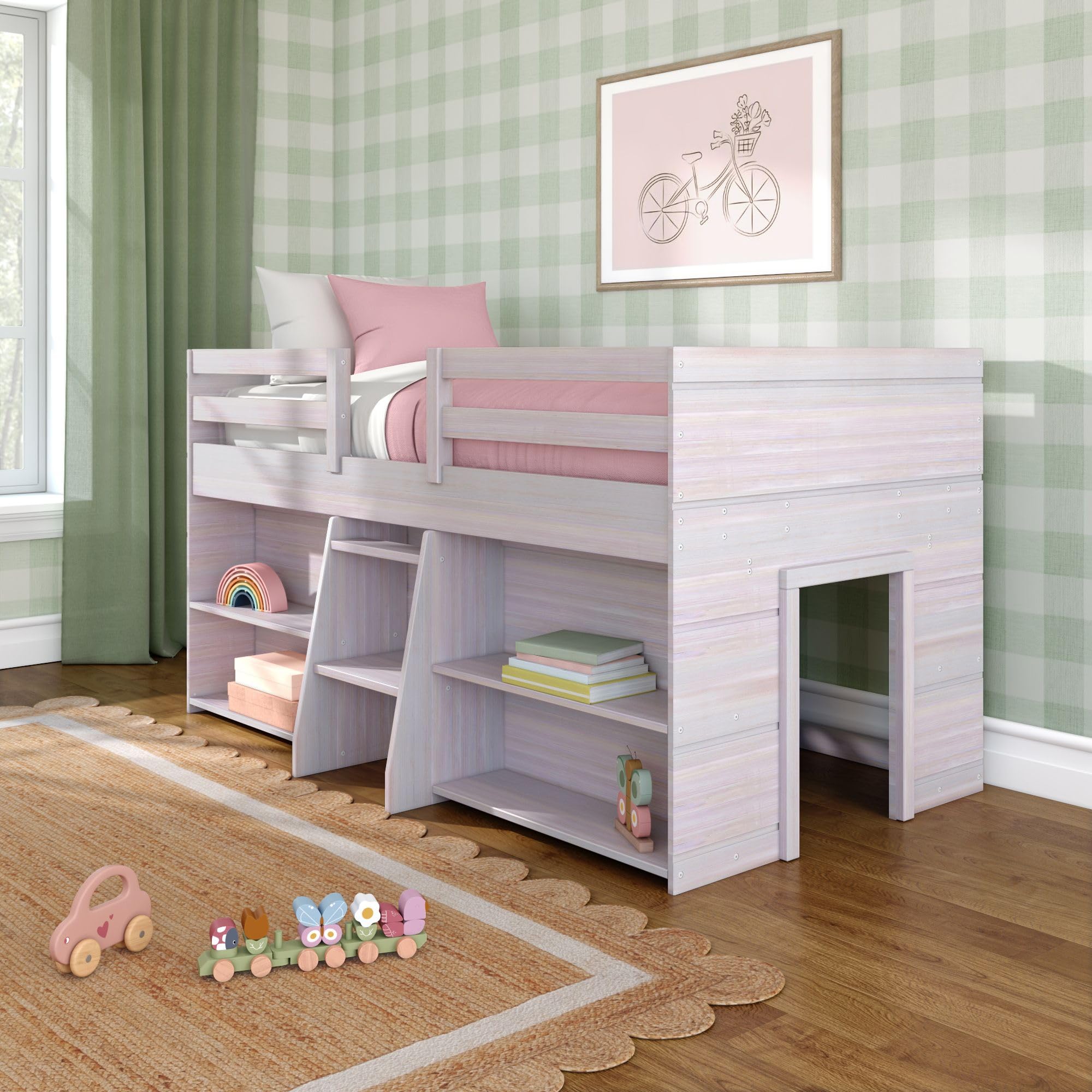 Max & Lily Modern Farmhouse Low Loft Bed, Twin Bed Frame for Kids with 2 Bookcases, White Wash, White Wash, Twin w/ 2 Bookcases