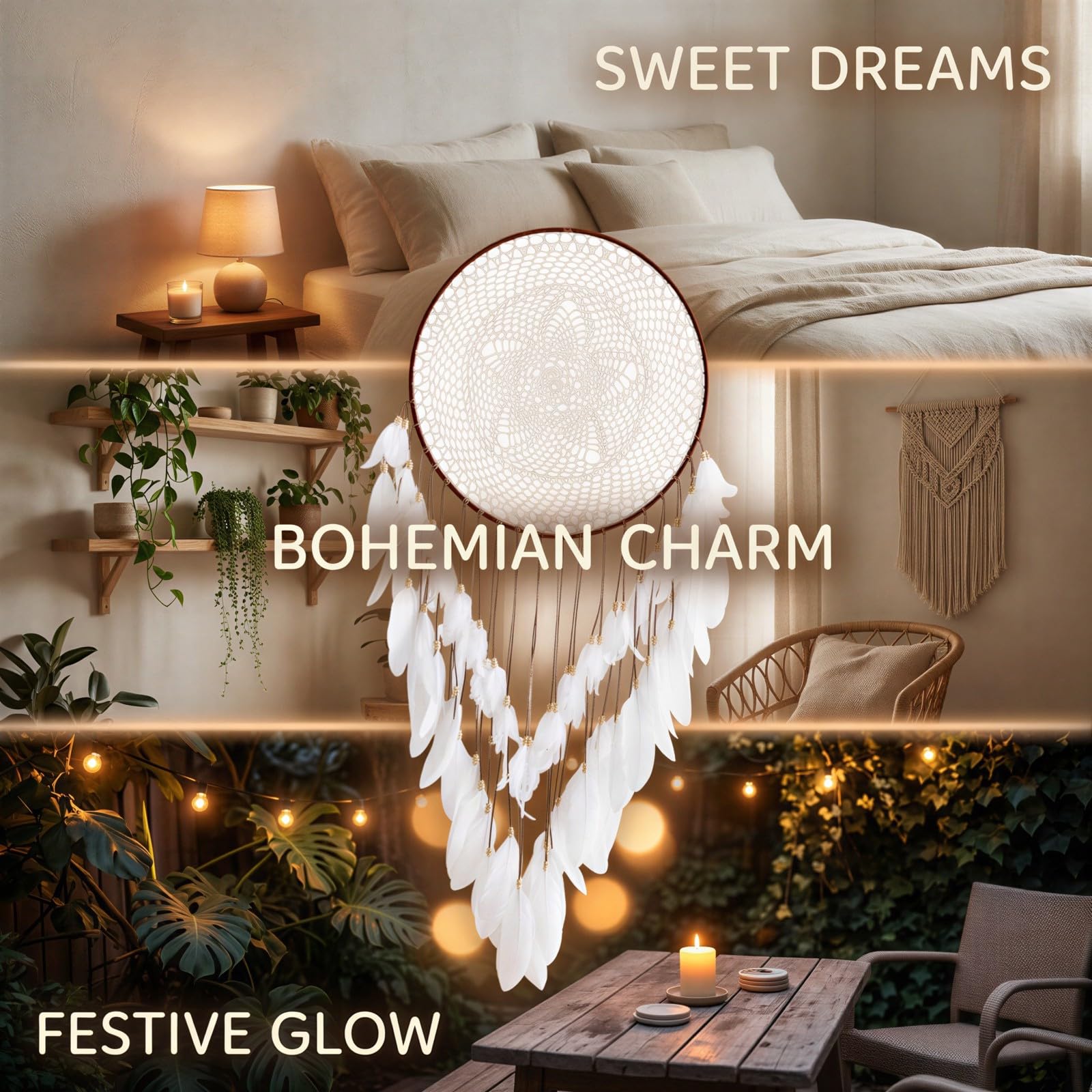 Traumfänger mit LED-Lichtern, Federdeko und gewebtem Wandbehang mit Naturquasten, handgemachte Boho-Wandkunst für Schlafzimmer, Wohnzimmer, Zuhause, Hochzeit, Party und als Geschenkidee