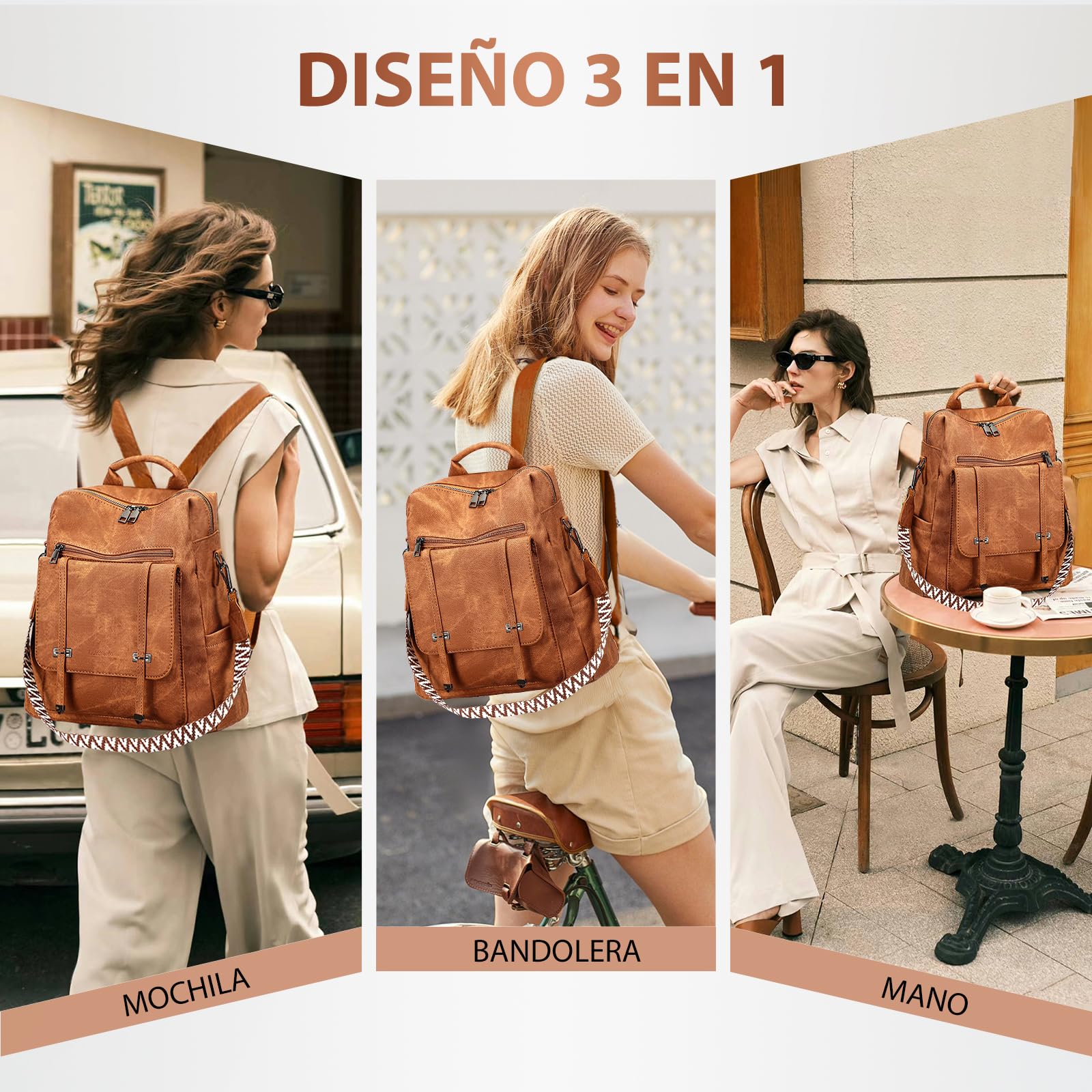 Leathario Mochila Mujer de Cuero PU con Multibolsillos, Mochila Casual y Funcional para Uso Diario, Viajes, Escuela y Universidad Marrón Mate