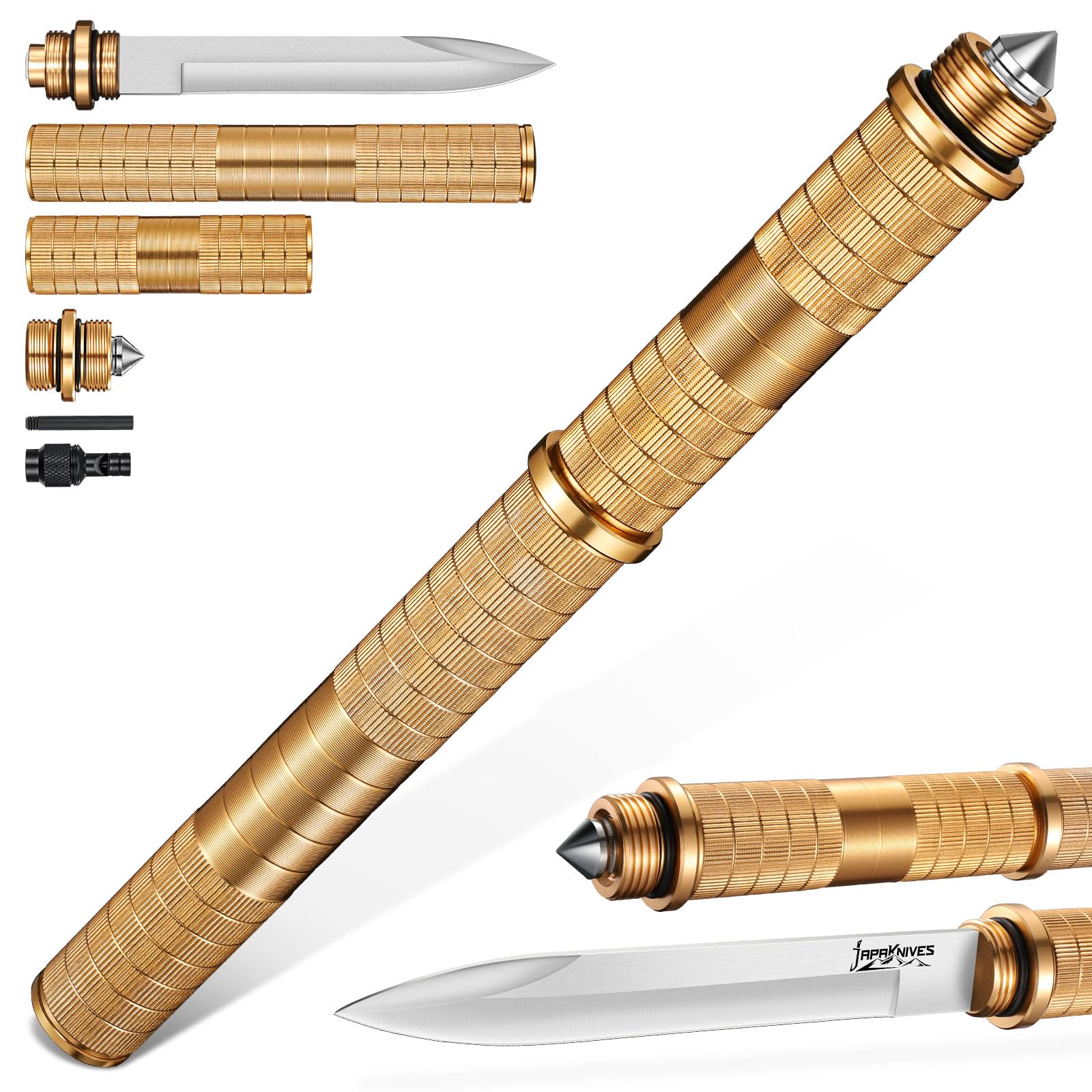 Japaknives Cuchillo de supervivencia exterior 5 en 1 fijo desmontable de acero D2 con silbato rompecristales para camping hombres dorado