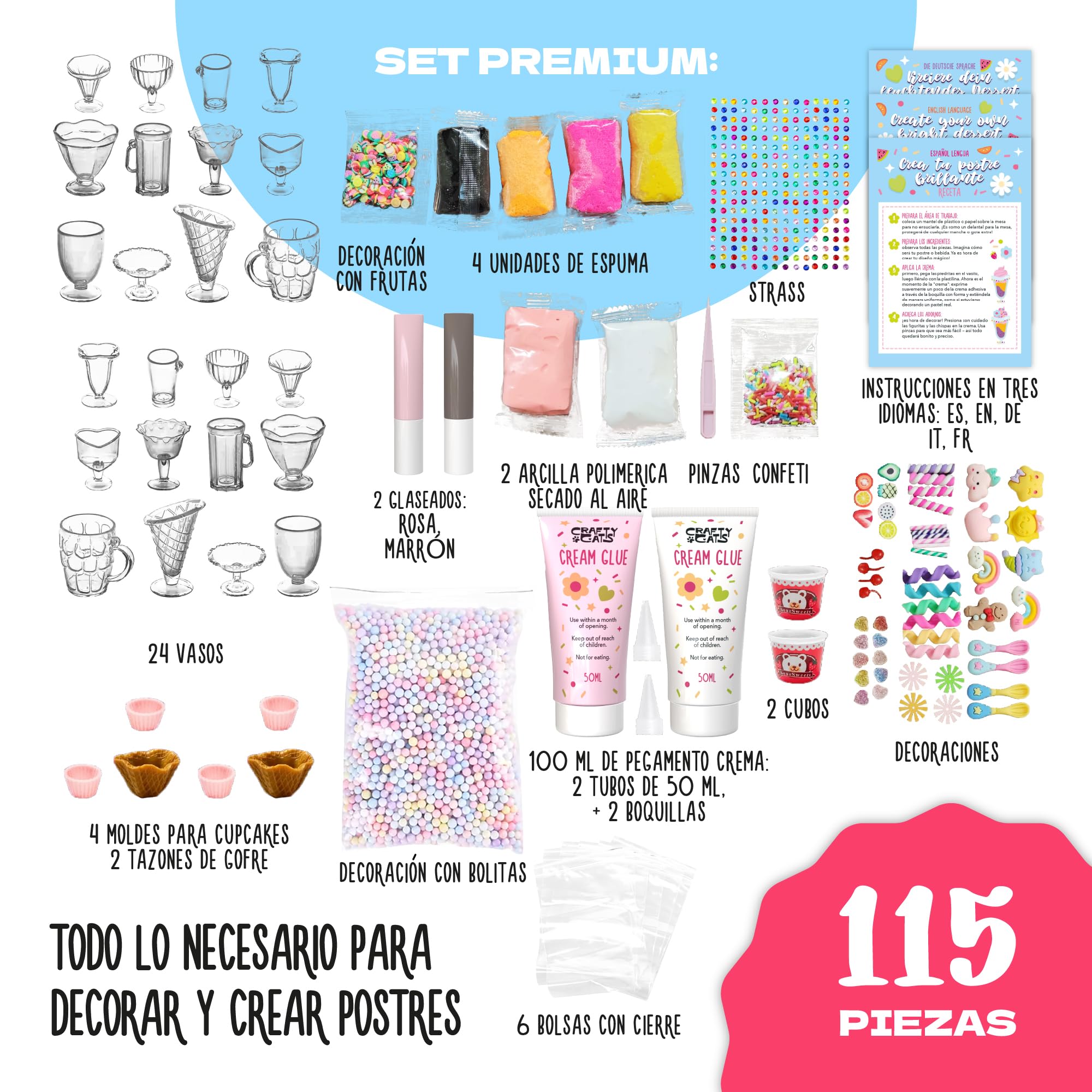 CRAFTY CATS Kit de manualidades Fiesta de Postres 115 piezas Arcilla al aire, perlas, pegamento crema con boquillas Set creativo DIY, cumpleanos y regalo, para ninos 6+