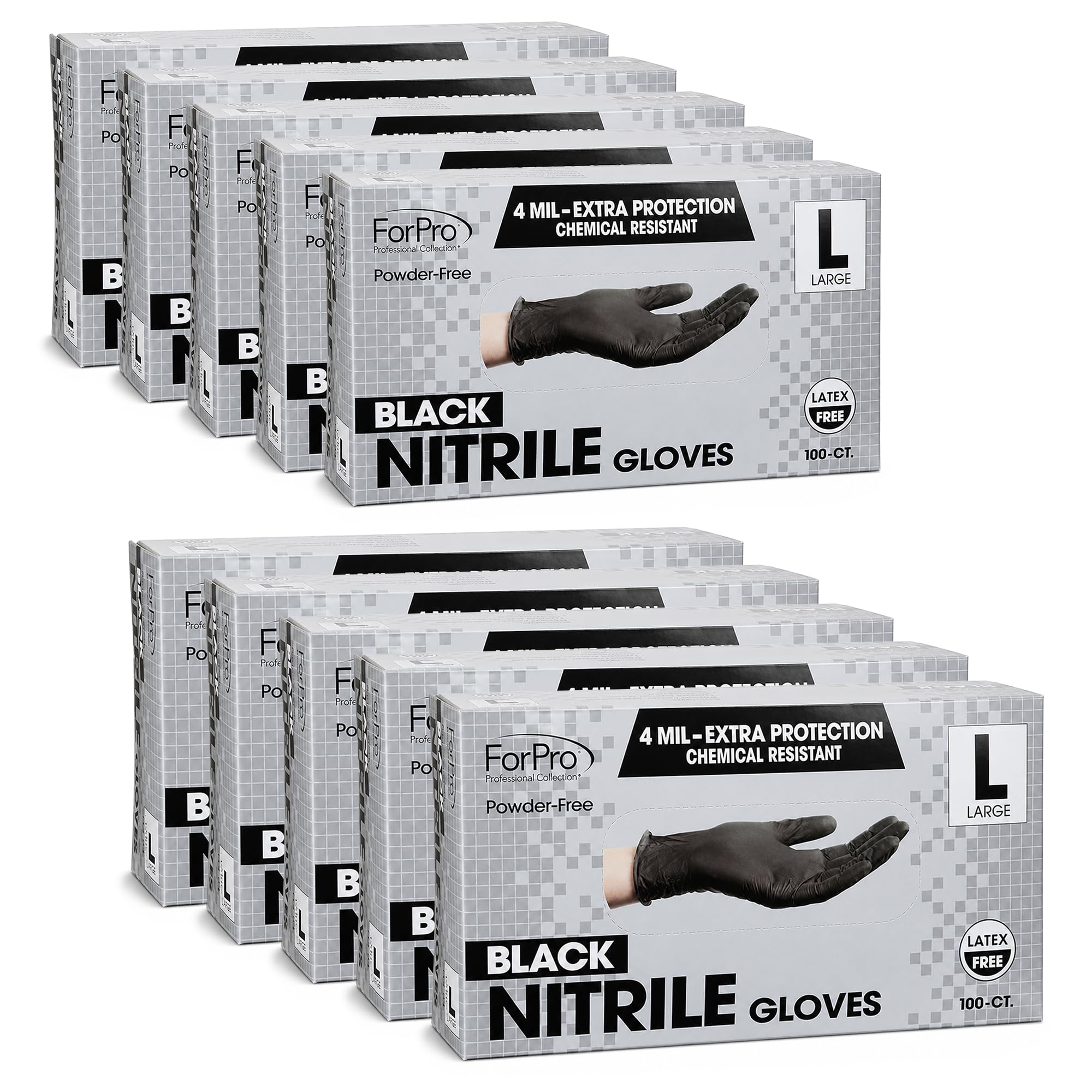 ForPro Guantes desechables de nitrilo, resistentes a los químicos, sin polvo, sin látex, no estériles, seguros para alimentos, 4 mil, negro, grande, 1000 unidades