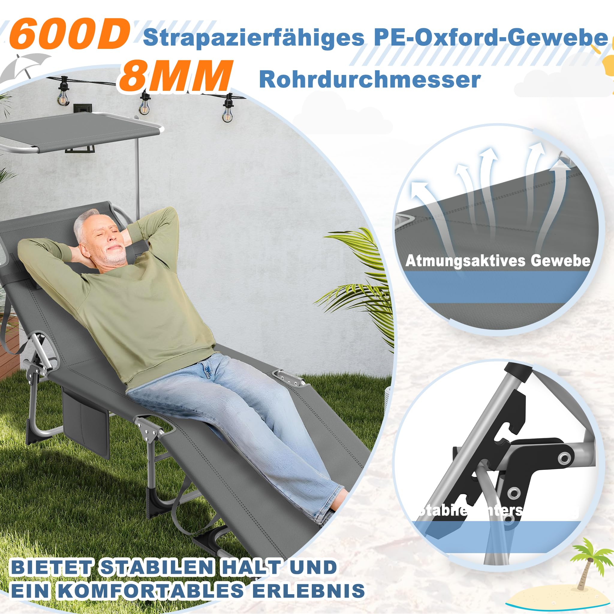 AufuN Sonnenliege Klappbar mit Dach und Seitentasche 195x68 cm Anthrazit | Wetterfeste Gartenliege, stabile Strandliege, Sonnenschutz & verstellbare Rückenlehne, bis 100 kg, ideal für Terrasse Campin