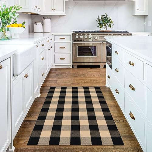 Vista 146 de KILOCOCO Alfombra de rayas beige de 2.3 x 3.6 pies para interiores y exteriores, alfombra tejida a mano de algodón lavable a rayas para puerta Rayas