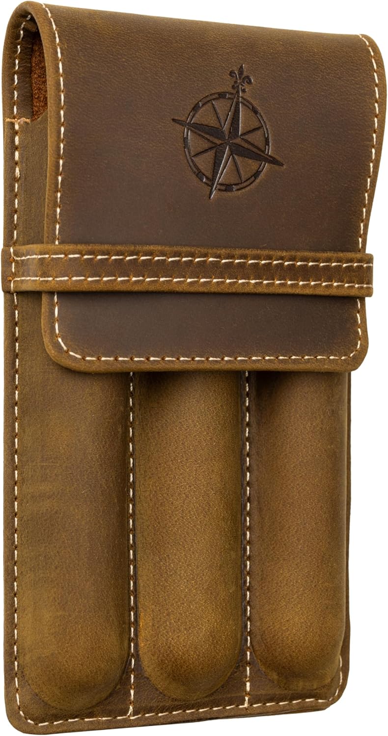 WANDERINGS Vintage Leather 3-Slot Pen Pouch – Handcrafted Brown Pen Case – Individual Leather Pen Sleeves for Fountain Pens, Rollers & Ballpoints – Pen Holder for Men and Women – 3.4"×6"×0.8″