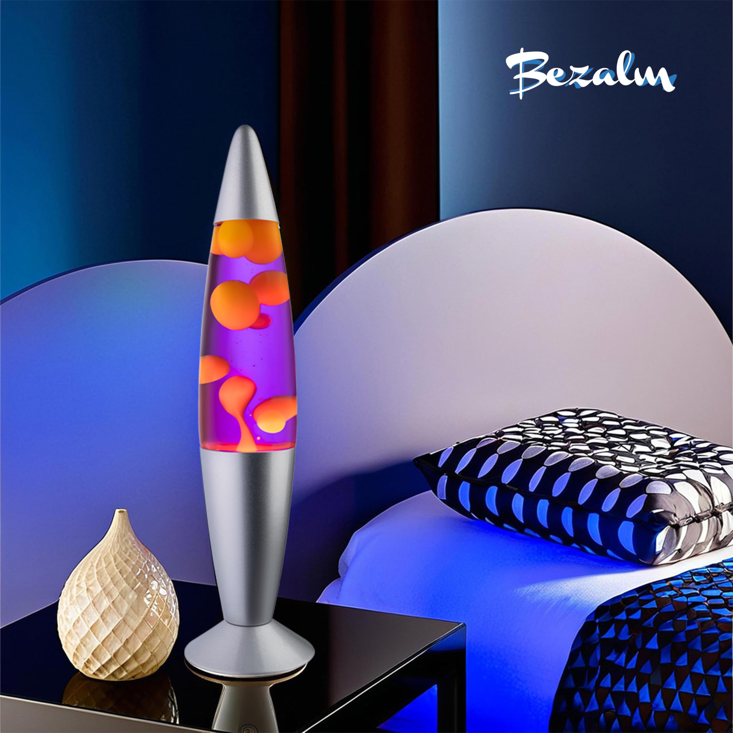 Jambo BEZALM - Hermosa lámpara de 40,6 cm, luz nocturna relajante, decoración para sala de estar, oficina y dormitorio. Lámpara Magma (40,6 cm, base plateada, líquido morado, cera amarilla).