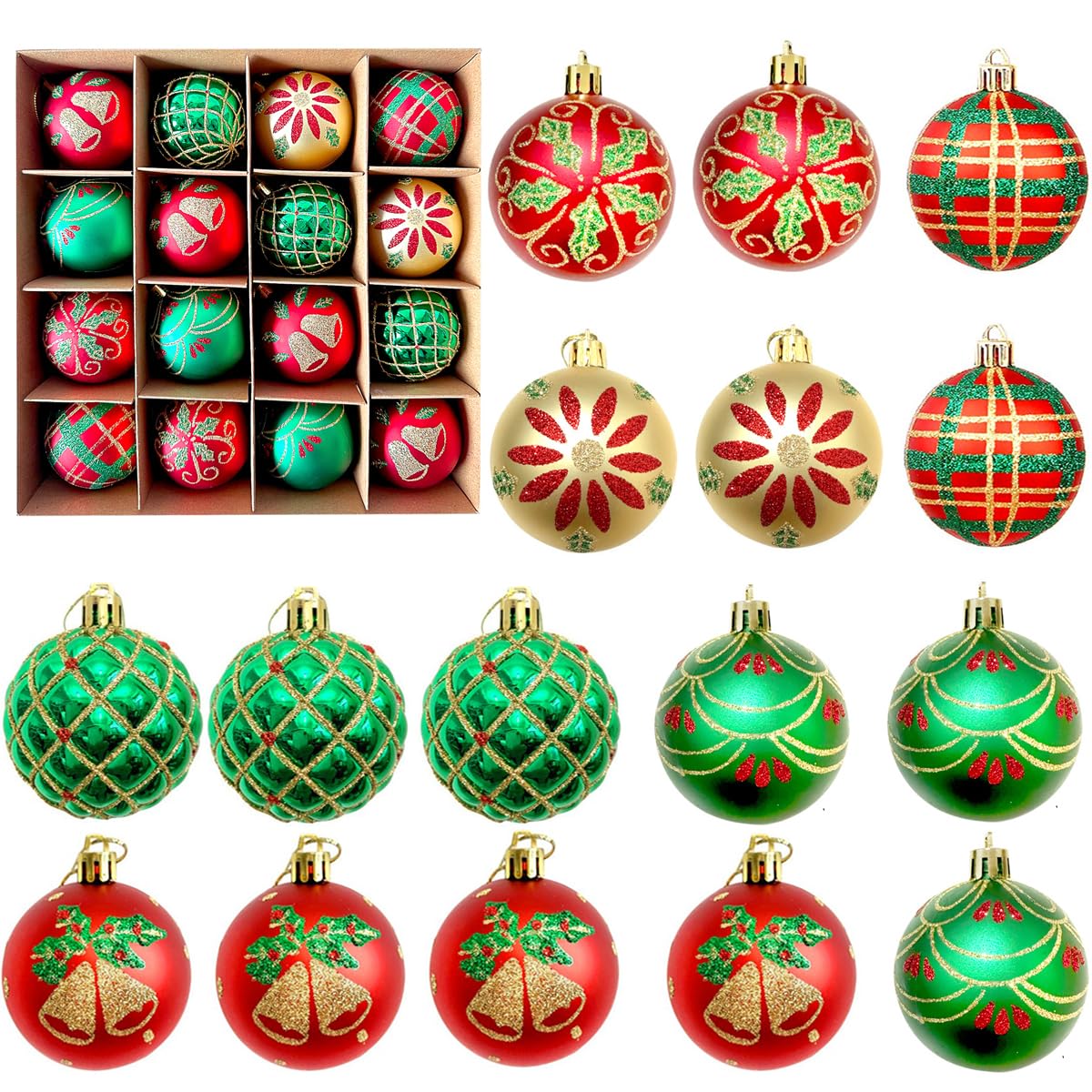 16 Piezas Esferas de Plástico Navideñas, Bolas Colgantes de Estilos Varios para Decoración de Árboles, Adornos Originales (Rojas y Verde, 6 cm)