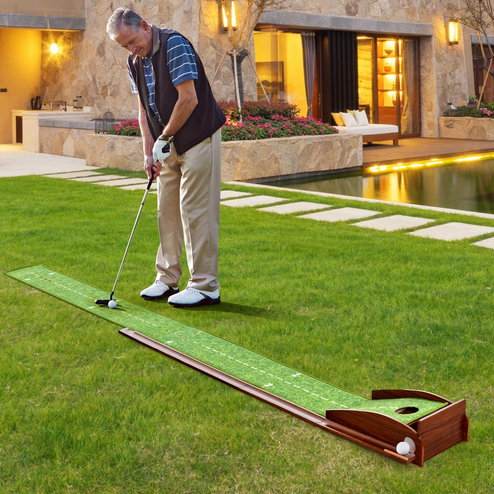 COSTWAY Golf Puttingmatte, Golfmatte mit 1/2/3 Löchern, Auto Rückkehr Übungsmatte mit 3 Golfbällen & Kunstrasen, Putting Trainer Indoor Outdoor für Anfänger, Profis