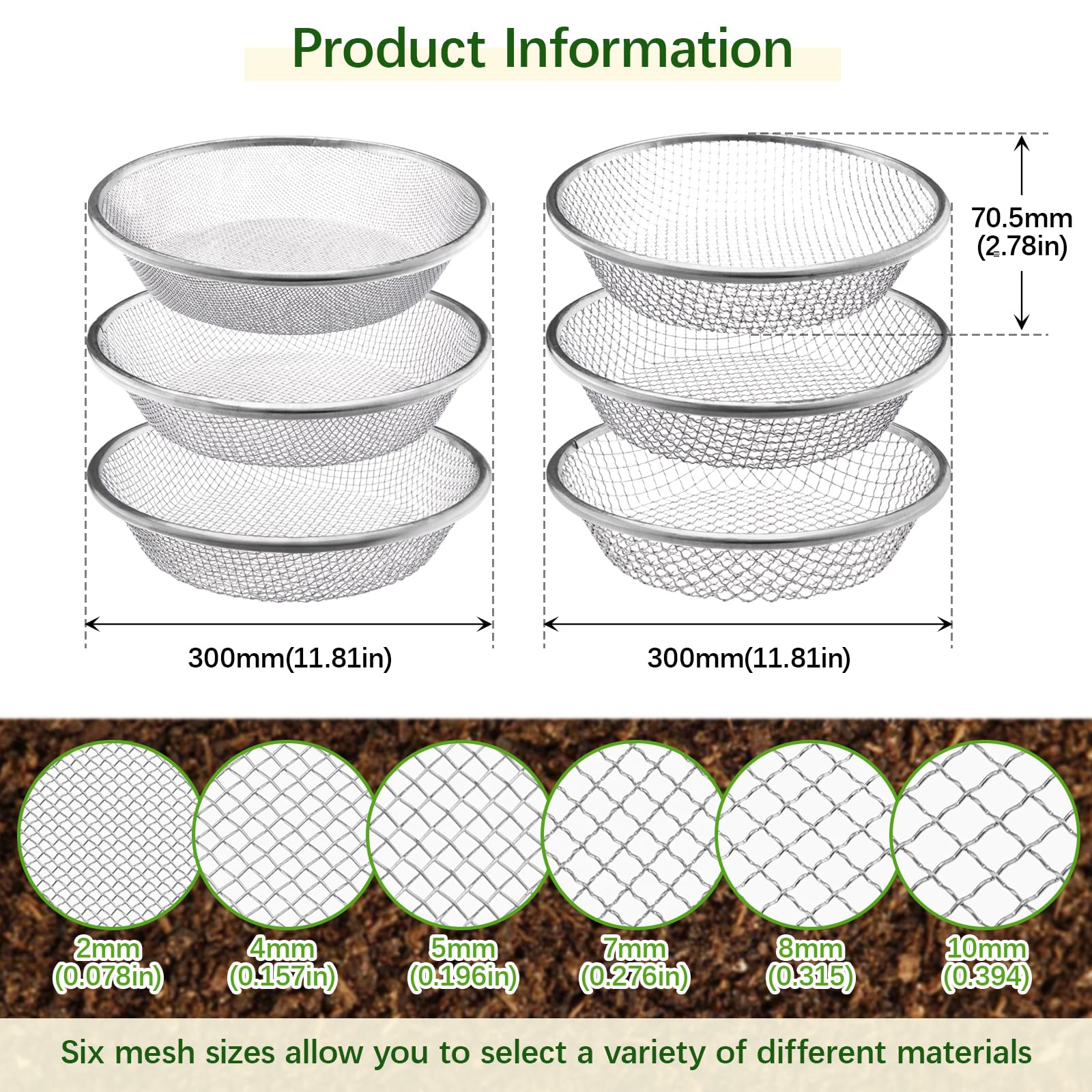 Doodlream6 Stück Garten ERD Sieb Set Verzinkt30 cm Durchmesser Für5 Gallonen Eimer6 Maschenweiten2/4/5/7/8/10 mm Schwere Siebe Für Kompost Erde Steine Sand Und Blumenerde