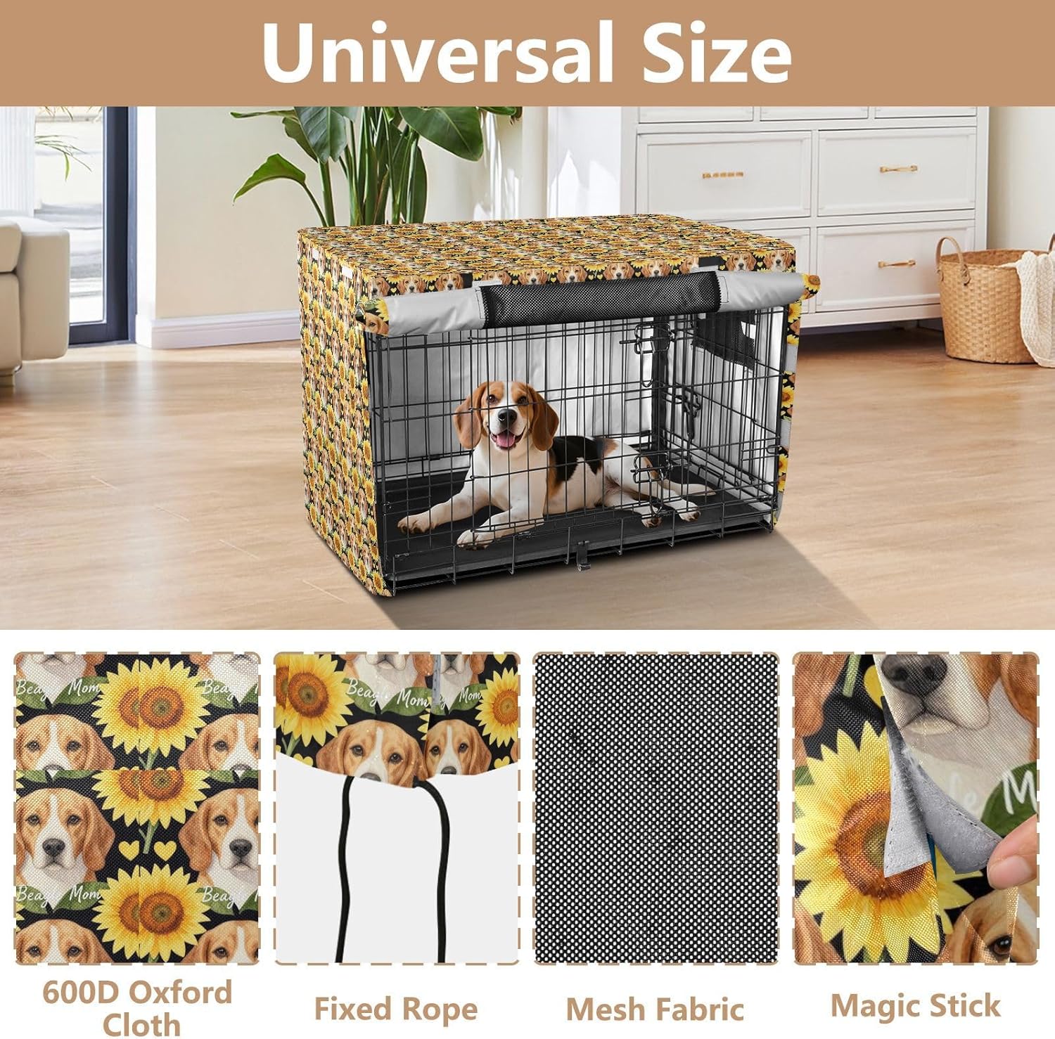Sunflower with Beagle Dogs Dog Cage Covers Pet Wire Cage Cover Rollers Shades 48 Inch