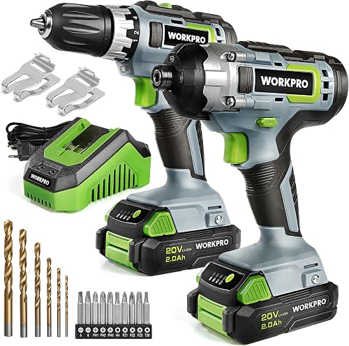 WORKPRO Atornillador Eléctrico 20V, Taladro Atornillador a Batería 20V, 2 Velocidades, Atornilladores Combinados, 2 Baterías, Cargador Rápido, Luz LED, 21pc Accesorios