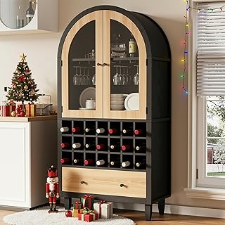 Arched Wine Bar Cabinet with 2 Glass Doors, Liquor Cabinet Wine Cabinet with Stemware Holders and Modular Wine Rack Storage for Home Bar, Dining Room, Kitchen, Living Room, Entryway