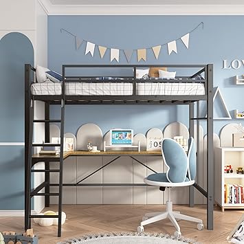 Twin Loft Bed with Desk, Metal Loft Bed Frame with L-Shaped Desk & Charging Station, Modern Space-Saving Loft Bed with Safety Guardrail & Ladder,for Kids Teenagers, No Box Spring Needed Black