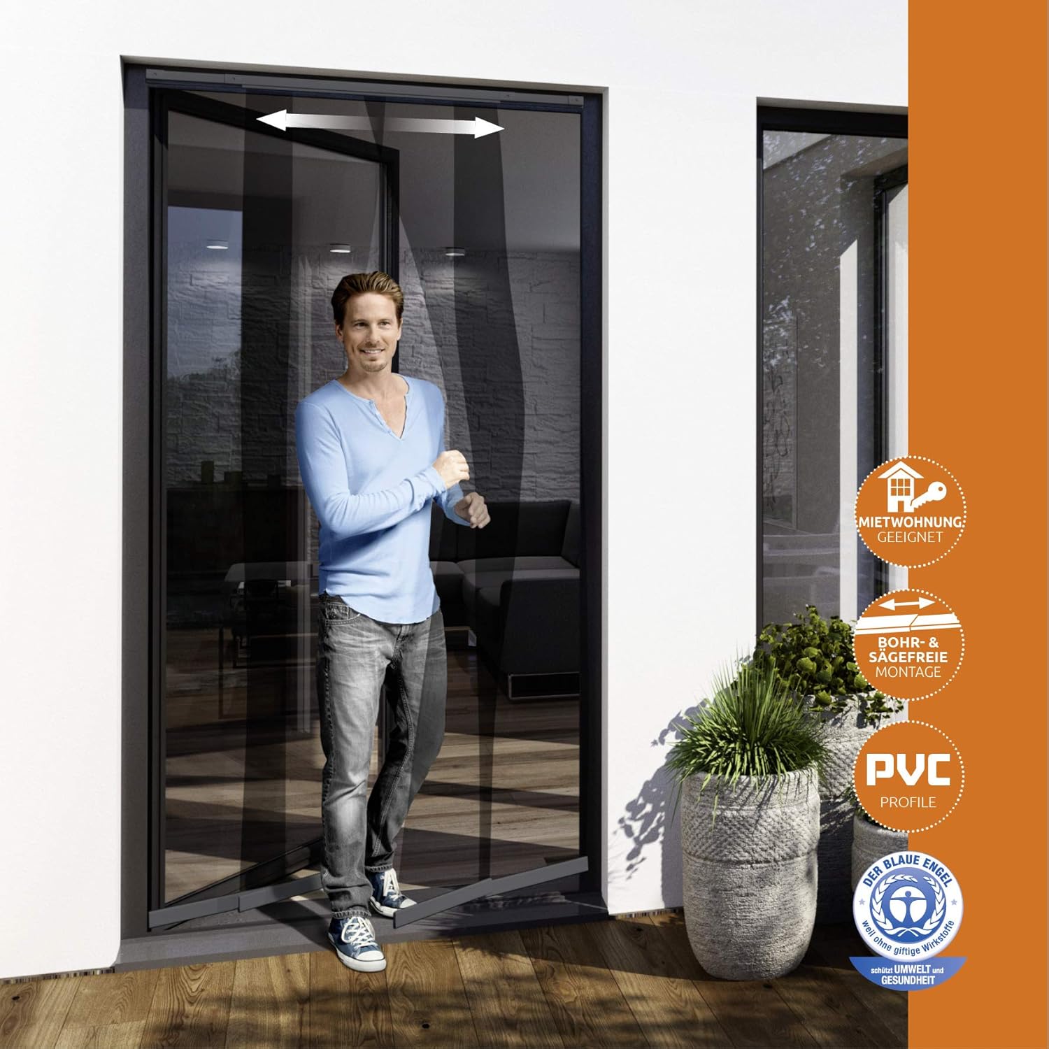 Man walking through an installed insect screen door, highlighting drill-free mounting