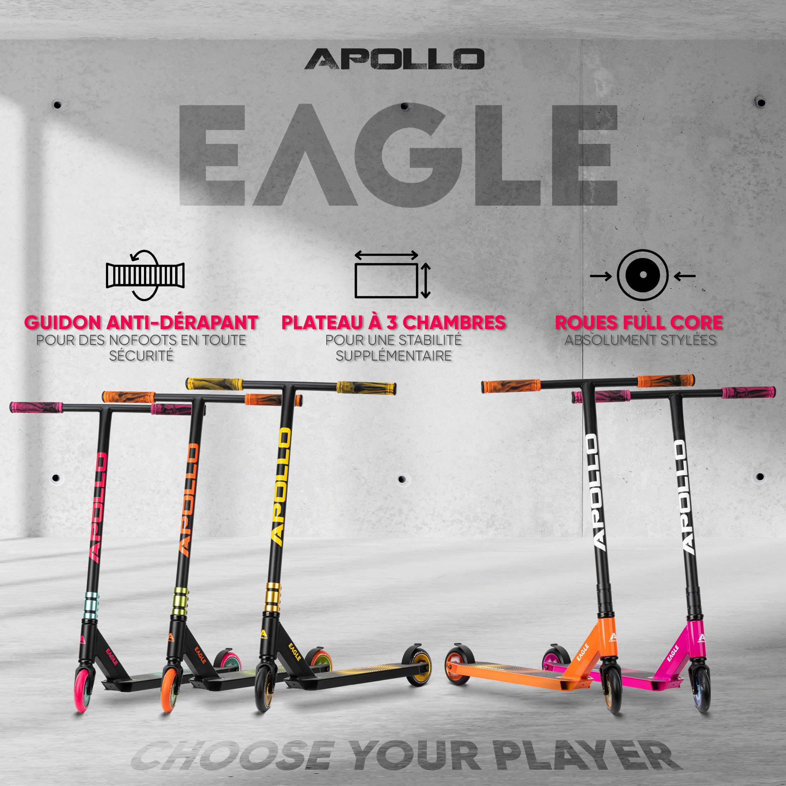 Apollo Stunt Scooter - Eagle, Trottinette de Cascade Professionnelle anodisée, Trottinette pour Enfants avec roulements ABEC 9, Roues de 110mm