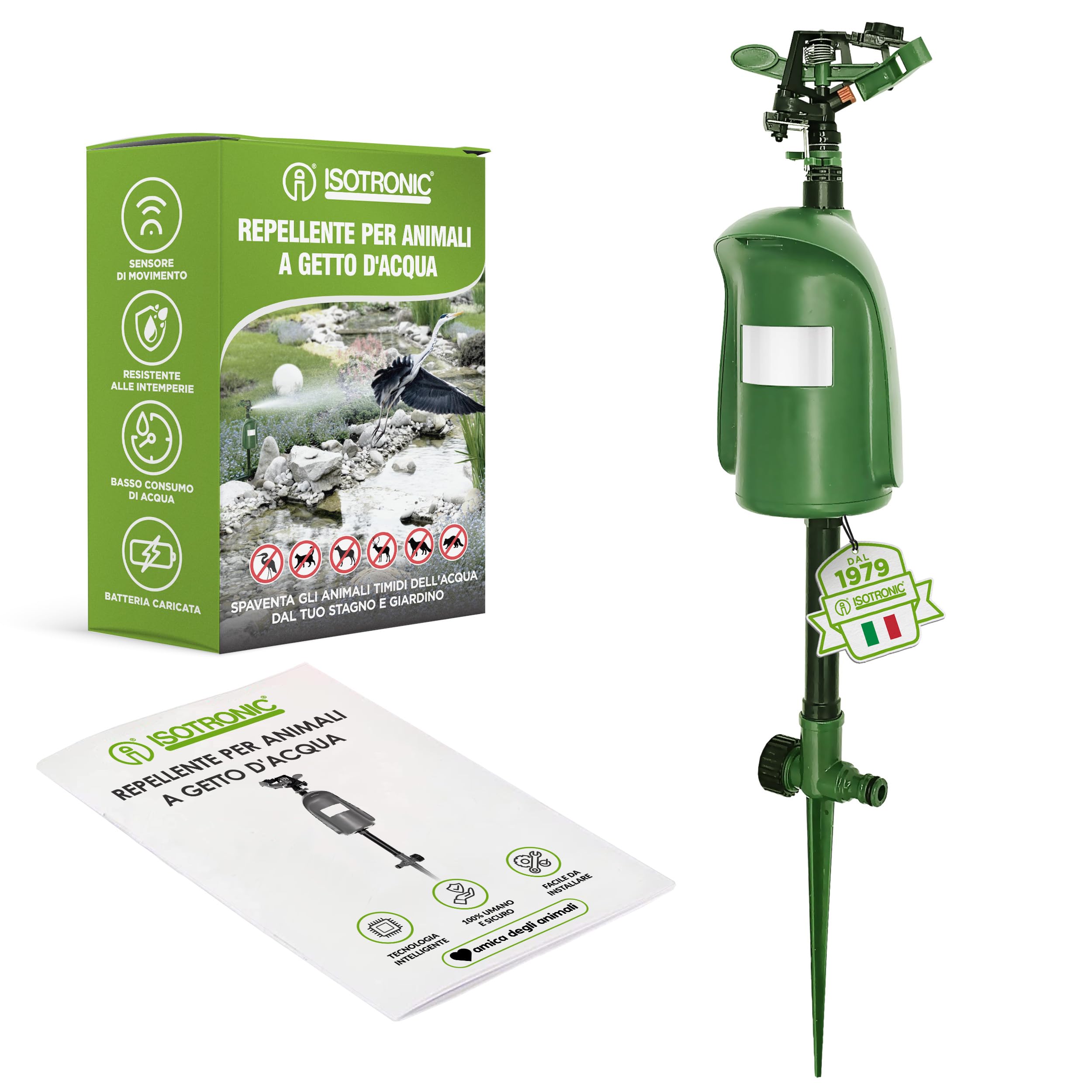 ISOTRONIC dissuasore animali getto d'acqua gatti aironi martore rilevatore movimento 120° raggio regolabile giardino laghetto 1 pezzo efficace esterno spruzzatore automatico difesa protezione stop