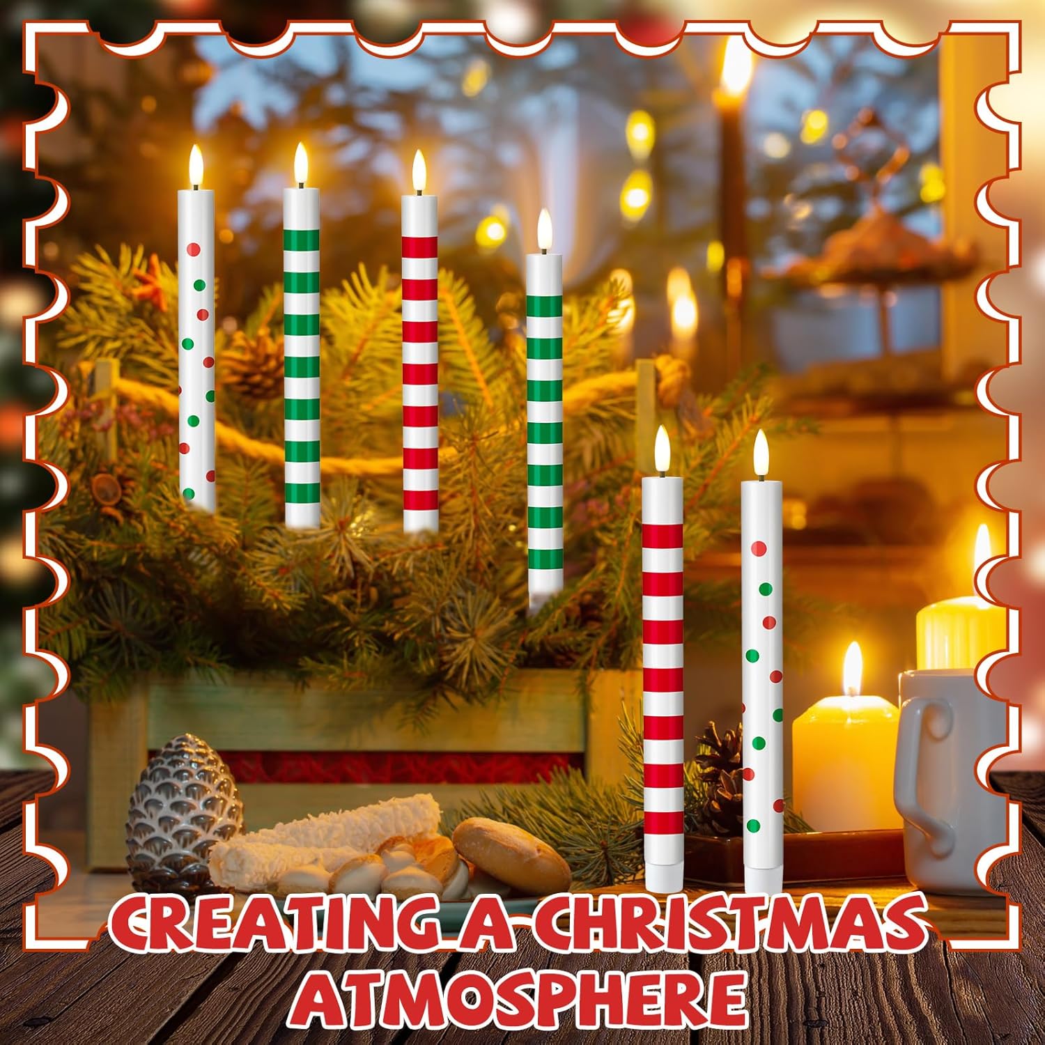 6 Pack Christmas Flameless Taper Candles 10.6'' Plastic LED Candles 3D Wick Flickering Electric Tall Candlesticks Battery Operated for Christmas Fall Autumn Home Party Decor