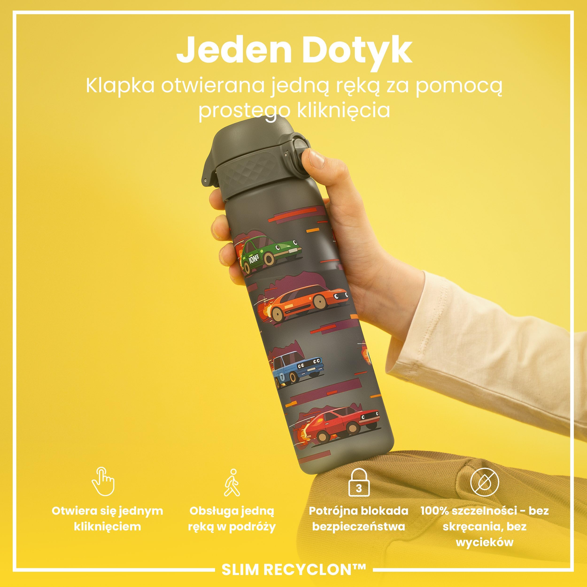 ION8 Butelka na Wodę, 500 ml/18 oz, Szczelna, Łatwe Otwieranie, Bezpieczny Zamek, Można Myć w Zmywarce, Bez BPA, Higieniczne Pokrycie, Uchwyt do Przenoszenia, Łatwa Czyszczenie, Samochody Sportowe
