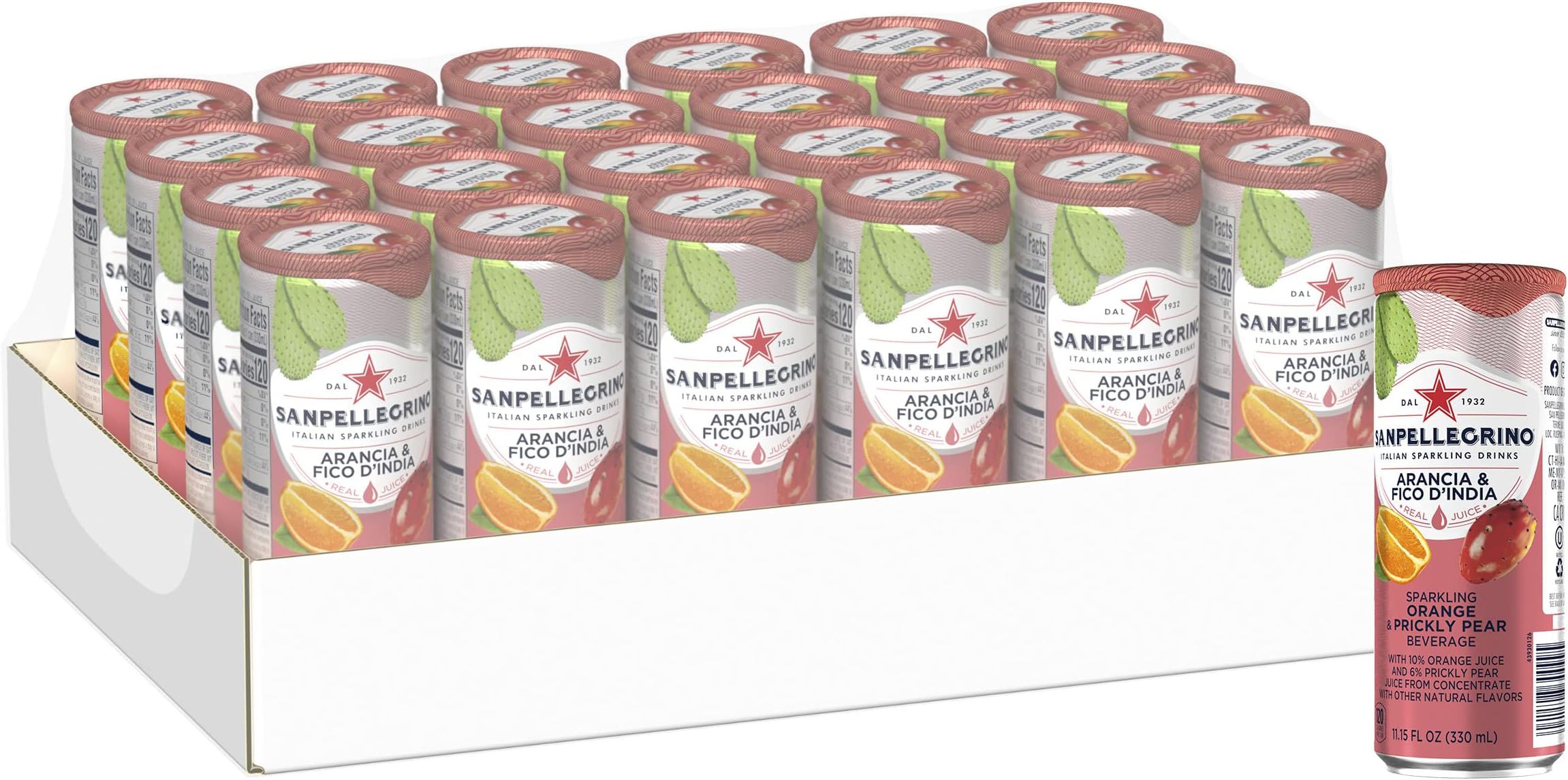 Sanpellegrino Prickly Pear and Orange Italian Sparkling Drinks, 11.15 fl oz. Sleek Cans (24 Count)