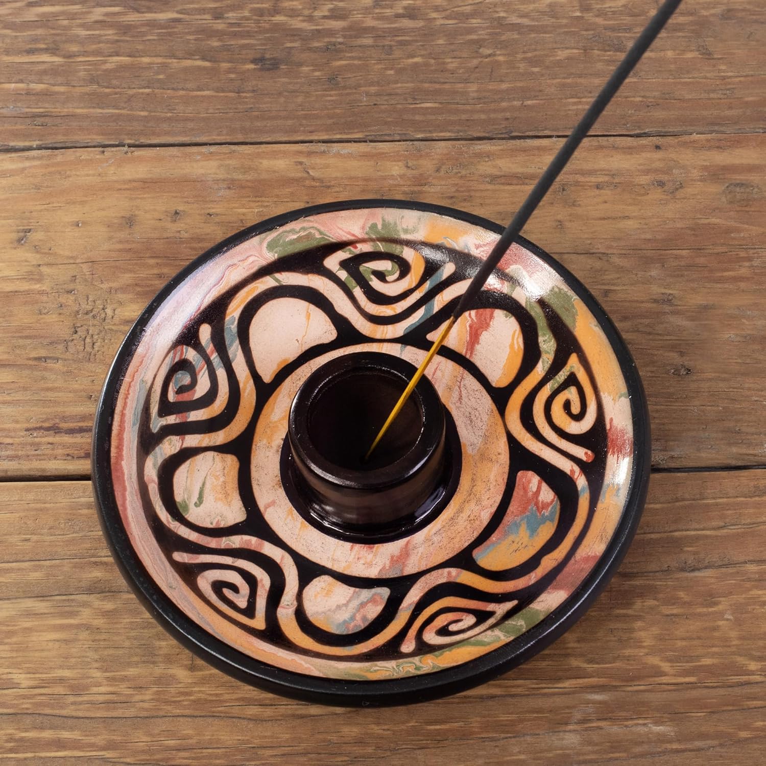 NOVICA Artisan Handmade Ceramic Incense Holder Round Warm Hues Black Multicolor Peru 'Vics Spirit'