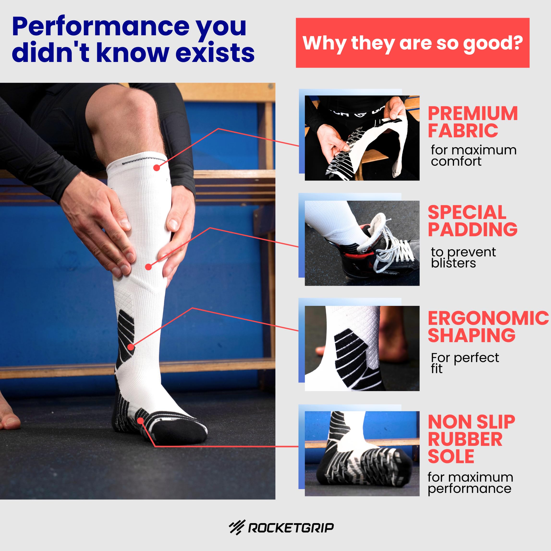 ROCKETGRIP Eishockeysocken – Rutschfeste Grip-Skate-Socken für Erwachsene & Jugend – Gepolstert, Kompressionspassform, Anti-Blasen, Feuchtigkeitsableitend – Für Hockeyspieler