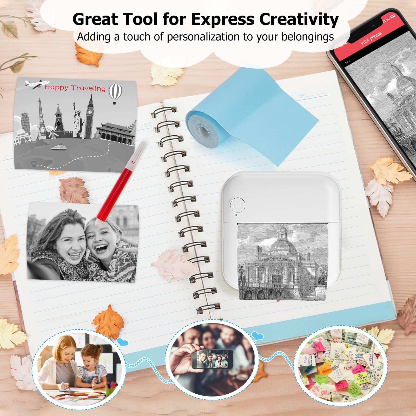 LINGSFIRE Mini Portable Printer, Bluetooth Inkless Printer Mini Thermal Printer with 10 Roll Papers and 5 Pens Wireless Smart Mini Pocket Printer for Photo Notes Memo Journal Gifts for Students