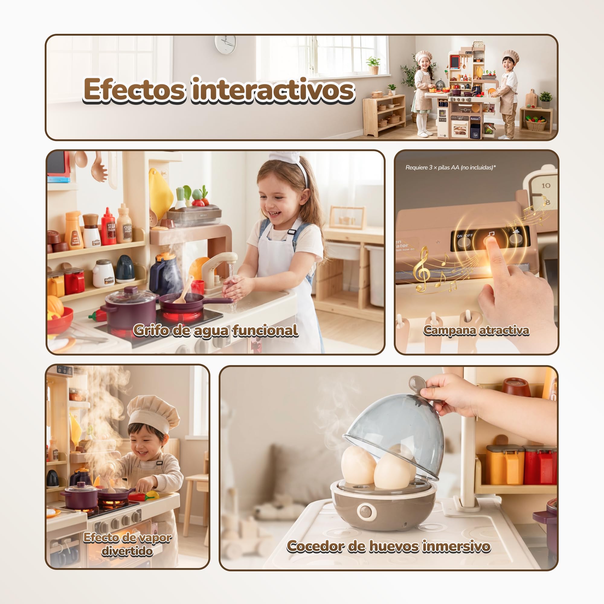 Cocina Infantil Grande con luz y Sonido – Juguete con Funciones Reales y Accesorios – Grifo, Vapor, Cocina de Huevos, Pizarra – para niños a Partir de 3 años