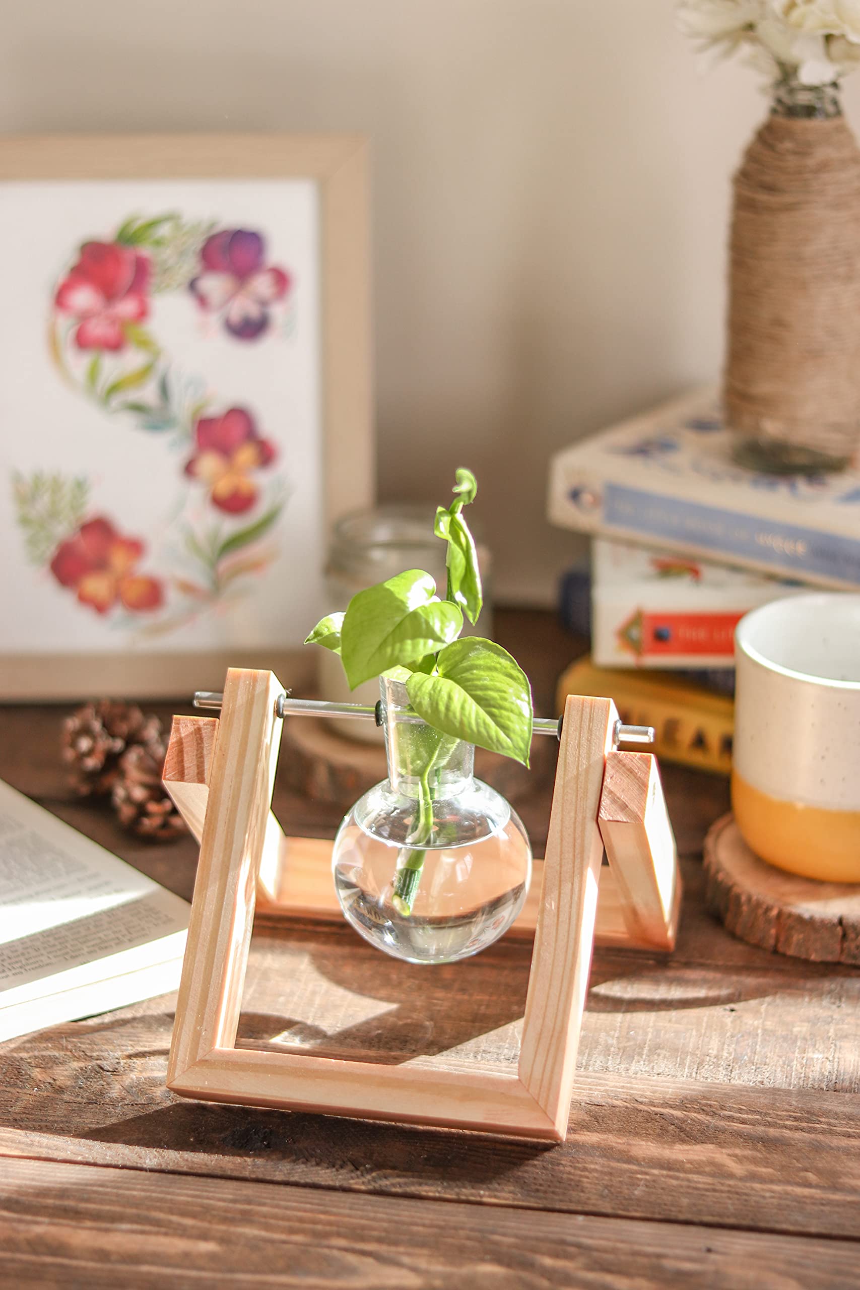 Buy Art Grotto India Table Top Glass Vase with Wooden Stand Elegant