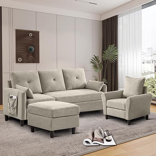 Miniatura 7 de Juego de sofá seccional de 77", sofá convertible y silla de acento, sofá pequeño en forma de L de 3 asientos con otomana de almacenamiento