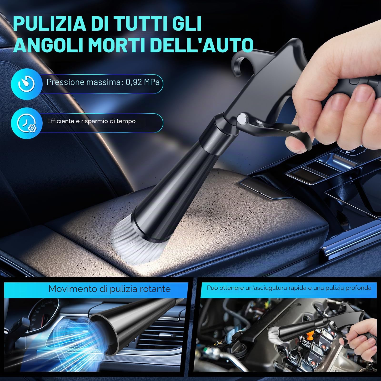 Pistola per lavaggio a secco, pistola per pulizia interna ad alta pressione, pistola per soffiatore ad alta pressione, strumento per la pulizia dell'auto con 2 ugelli per soffiare rapidamente sporco e