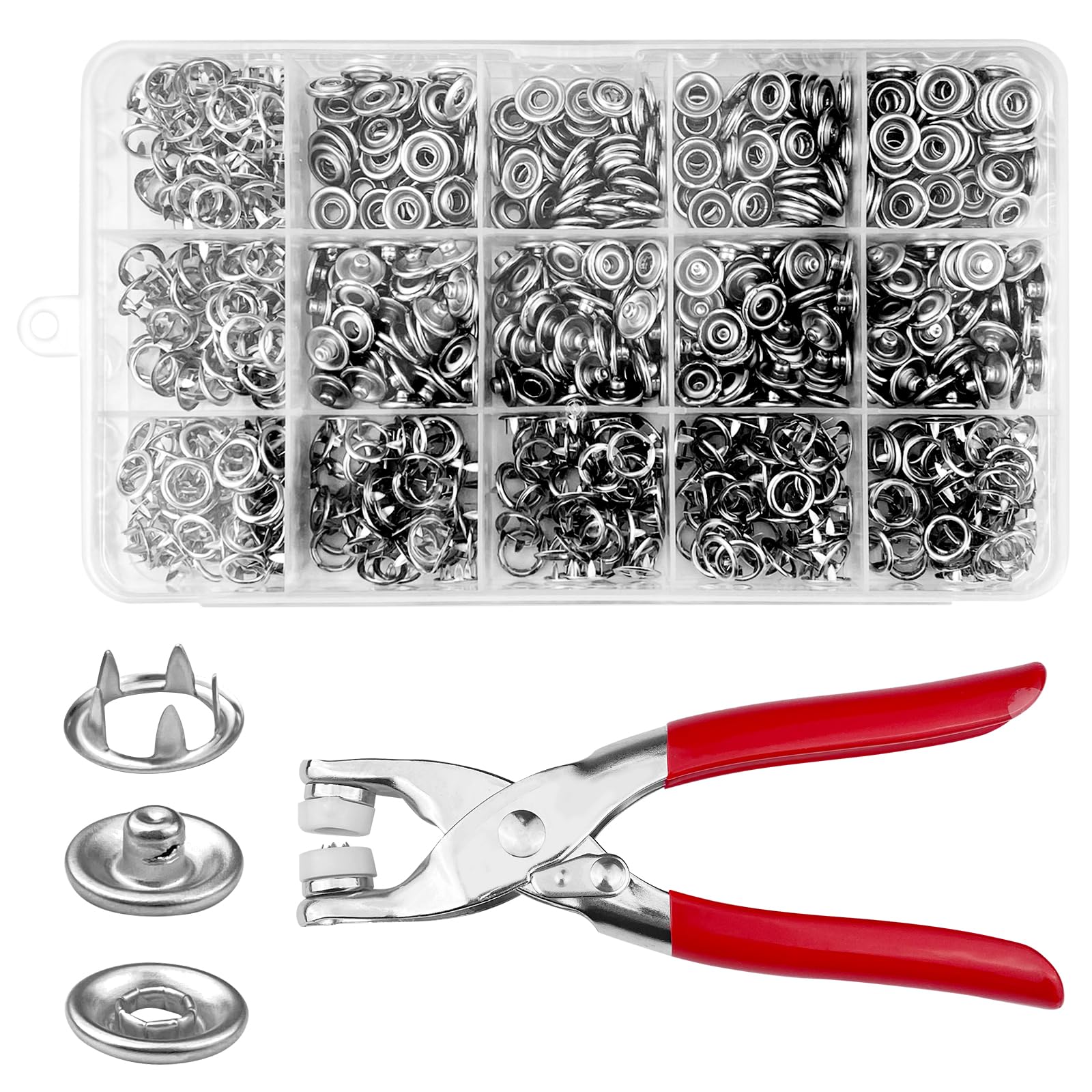 Chiluxendo 200 Sets Pistola Botones de Presion, 9.5mm Plata Corchetes de Presion Metalicos, Corchetes Costura, Snaps Metalicos, Remachadora Botones, Botón a Presión con Alicate de Botones Rapidos