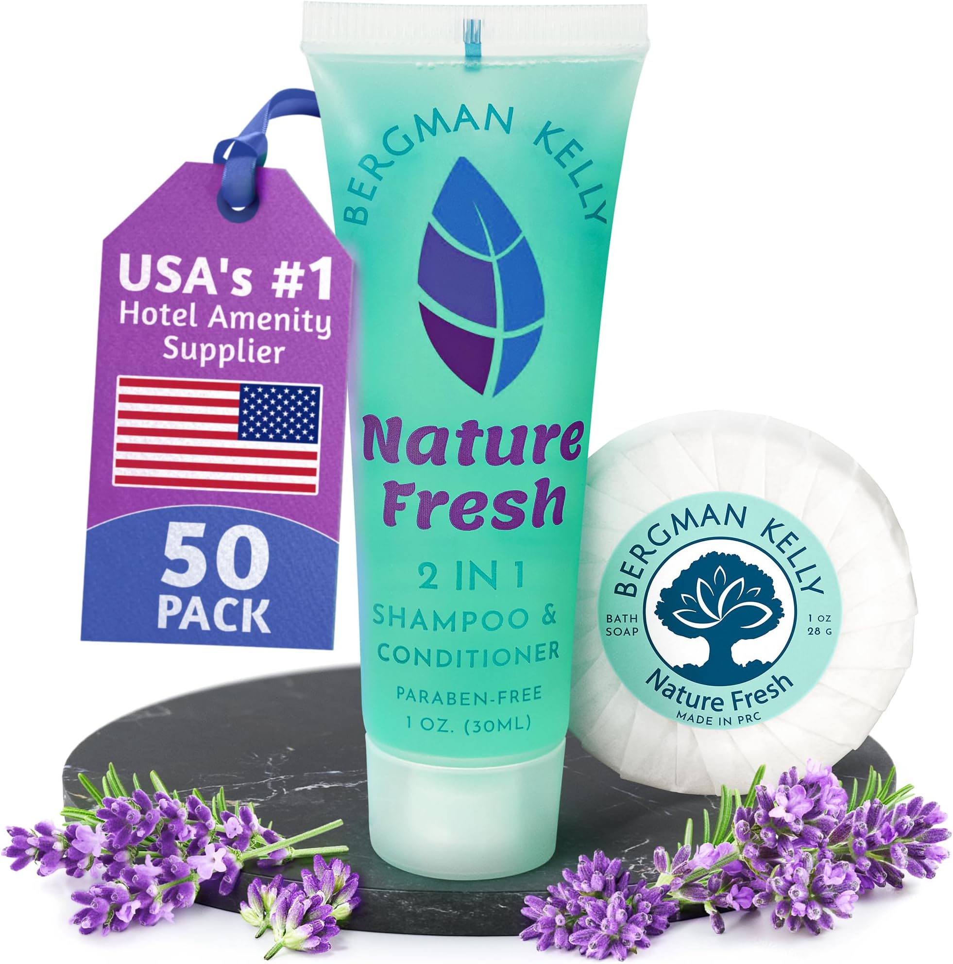 Round Soap Bars, 2in1 Shampoo & Conditioner 2-Piece Set (Nature Fresh, 1 oz each, 100 pc), Delight Your Guests with Refreshing & Soothing Hotel Amenities & Bulk Toiletries