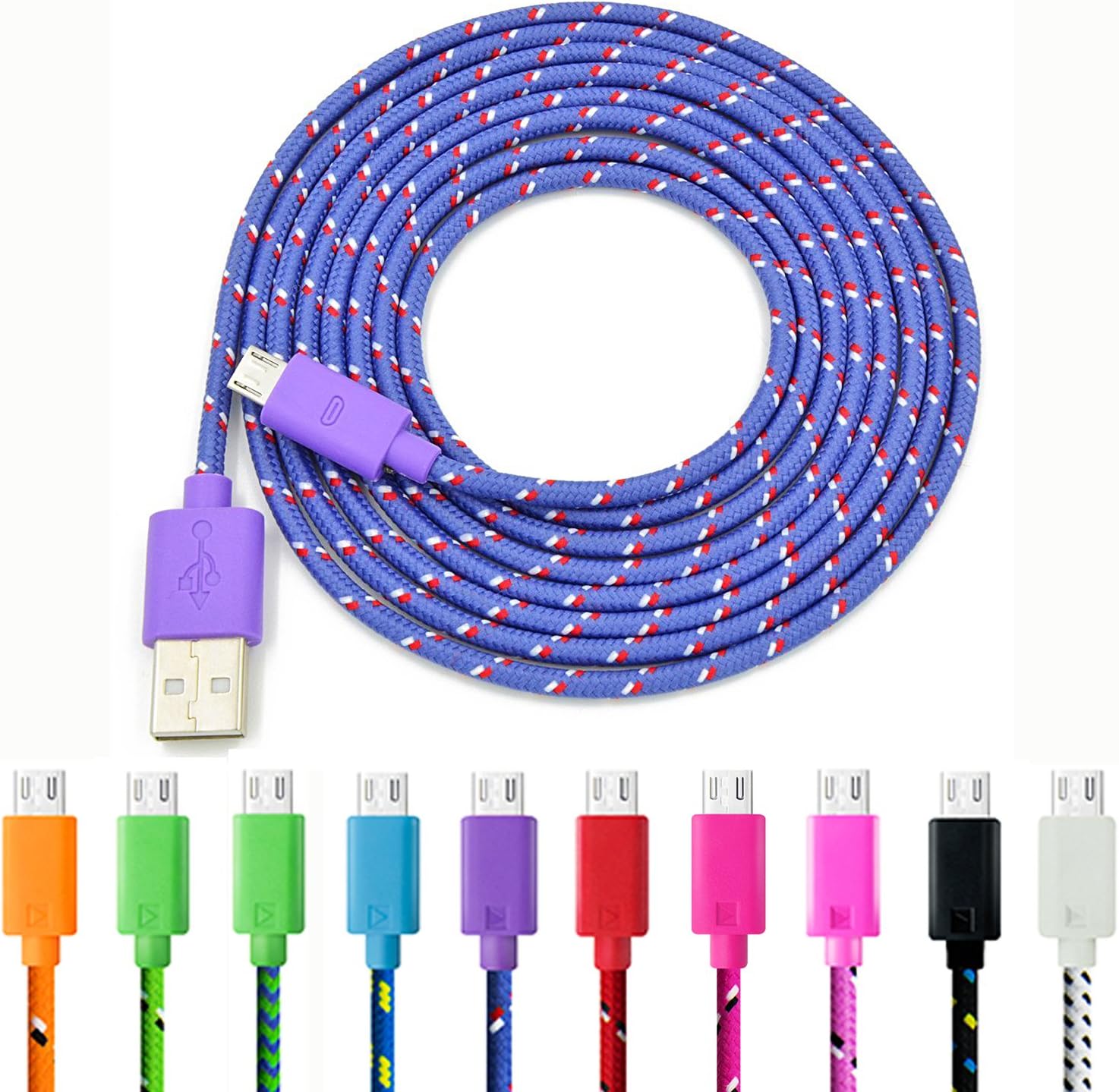 Micro USB Cable, Eversame 10-Pack 6Ft 2M Nylon Braided USB 2.0 A Male to Micro B Data Sync & Charger Cord-Black White Pink Hot Pink Green Dark Green Orange Blue Red