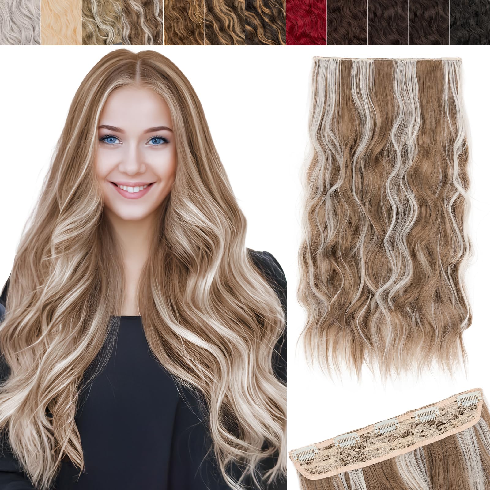 SEGO 20 Inch One Piece Clip In Hair Extensions Long Wavy Synthetic Clip In Hairpiece With 5 Secure Clips, Iced Mocha Blonde