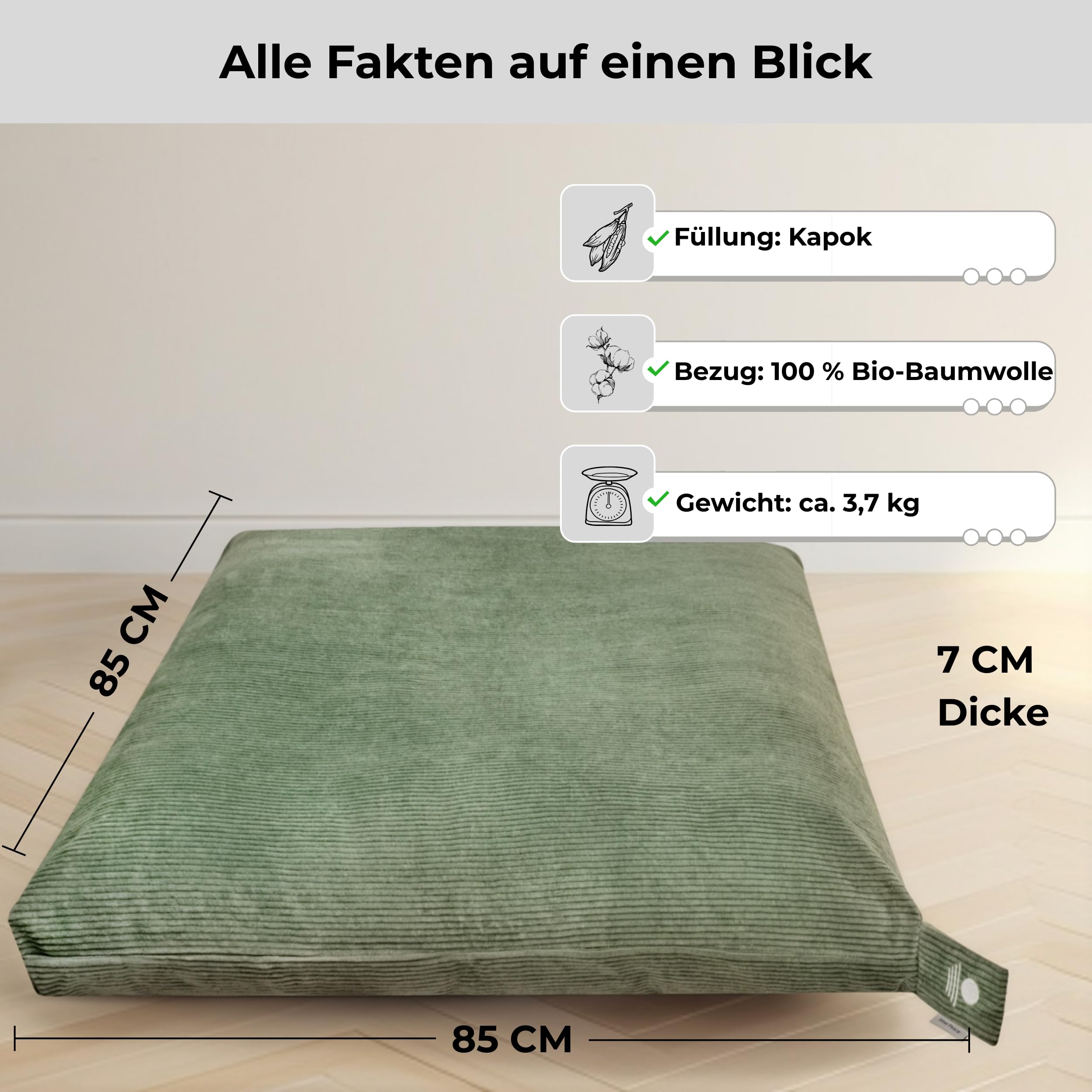 Inner Peace Meditationsmatte Zabuton Cord XL 85 x 85 cm | Kapokfüllung, Bezug: 100% Baumwolle, waschbarer Bezug, Meditation Matte, Zen Matte, extra groß