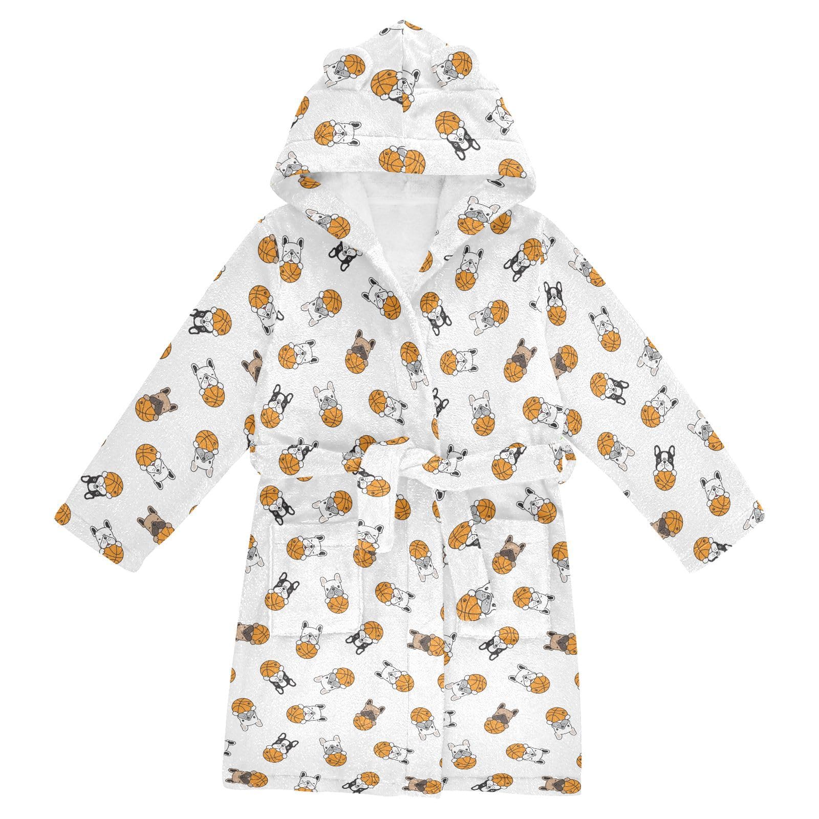WIFIU Toddler Baby Hooded Bathrobe for Boys Girls French Dog Basketball Sport Printed, Soft Plush Bath Towel Robe with 2 Pockets Bulldog for 10-12 Years