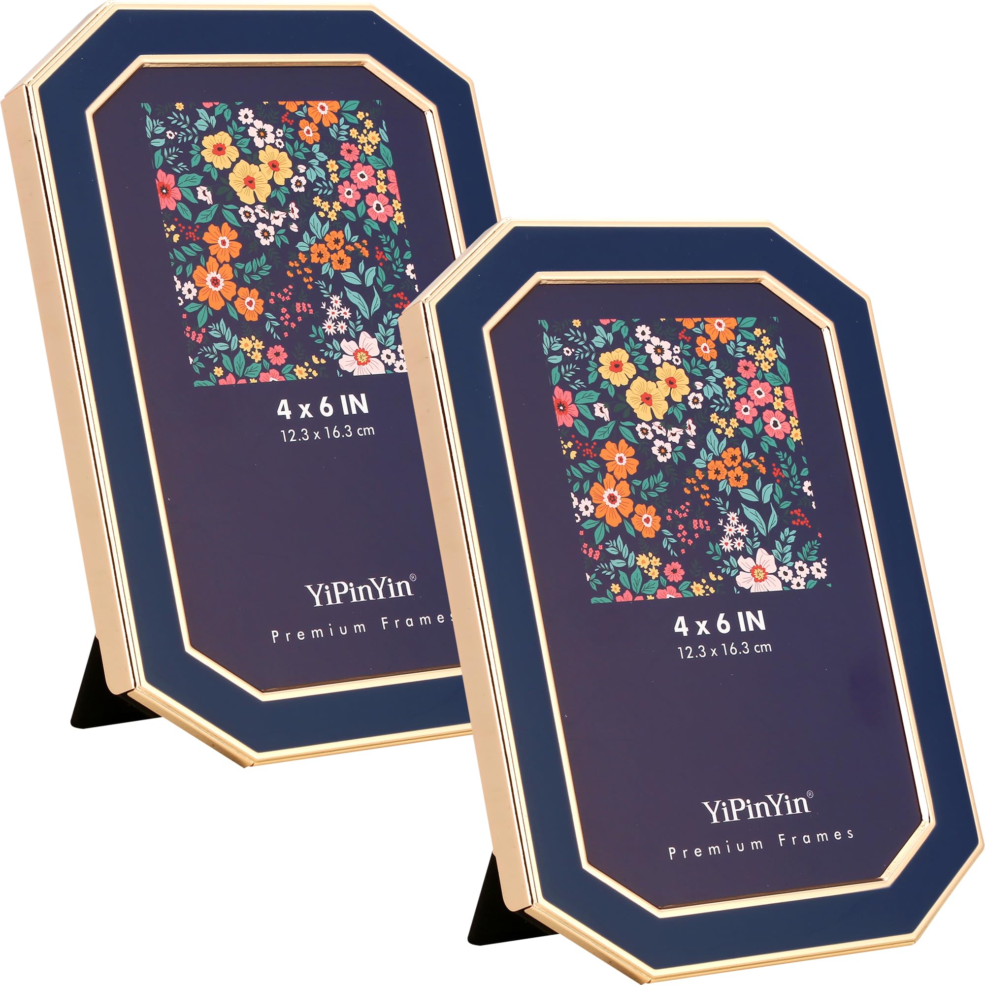 Photo 1 of YiPinYin 2-Pack 4x6'' Navy Blue Enamel Picture Frames with Gold Metal Plated Edge -HD-Real Glass & Velvet Back,Octagon Shape,Tabletop & Vertical Wall Mount