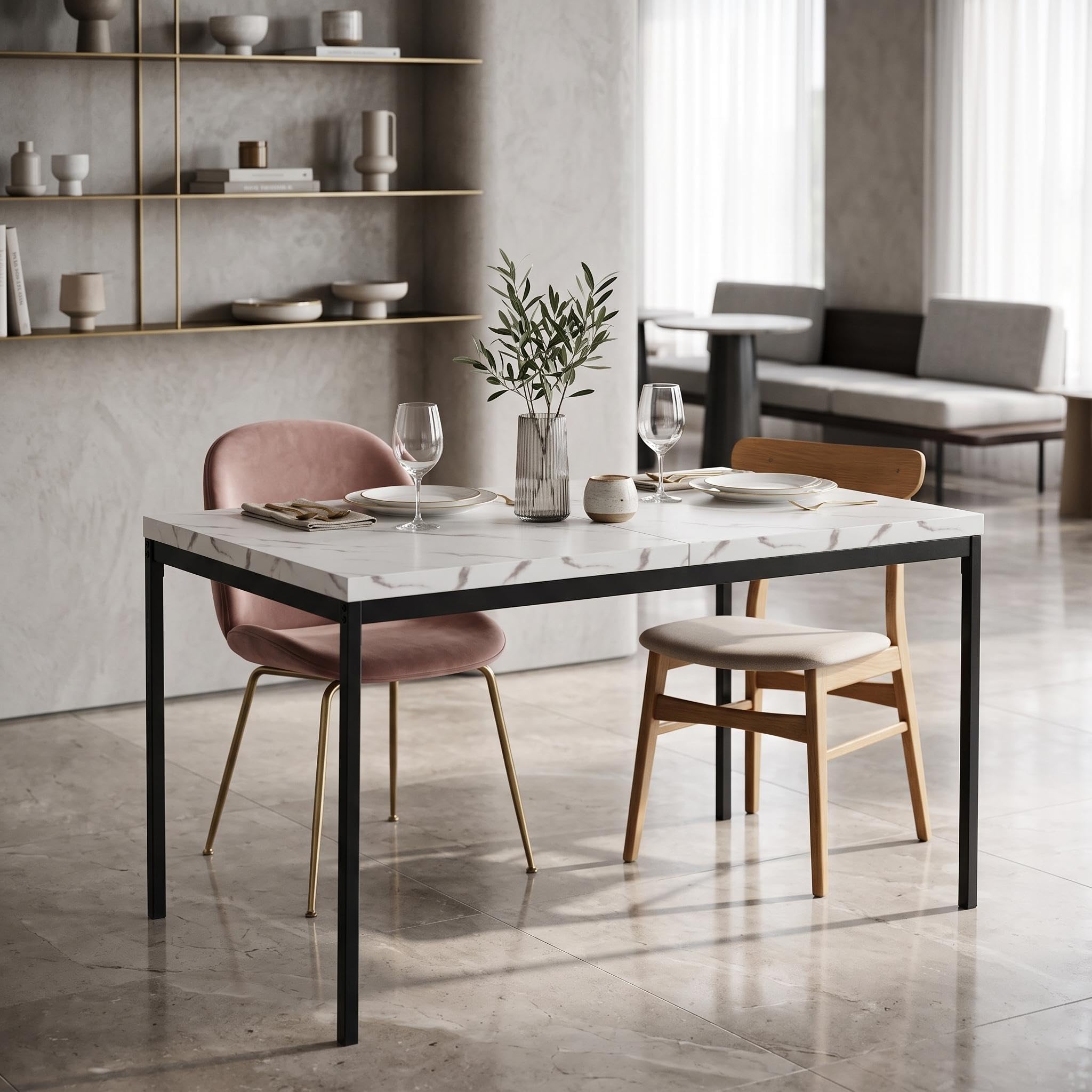 FurnitureR Tavoli da ristorante in finto marmo bianco, stile elegante per 4-6 persone, vassoio in legno spesso con struttura in metallo, per caffè, pasticceria, sale di reception, 120 x 70 x 75 cm