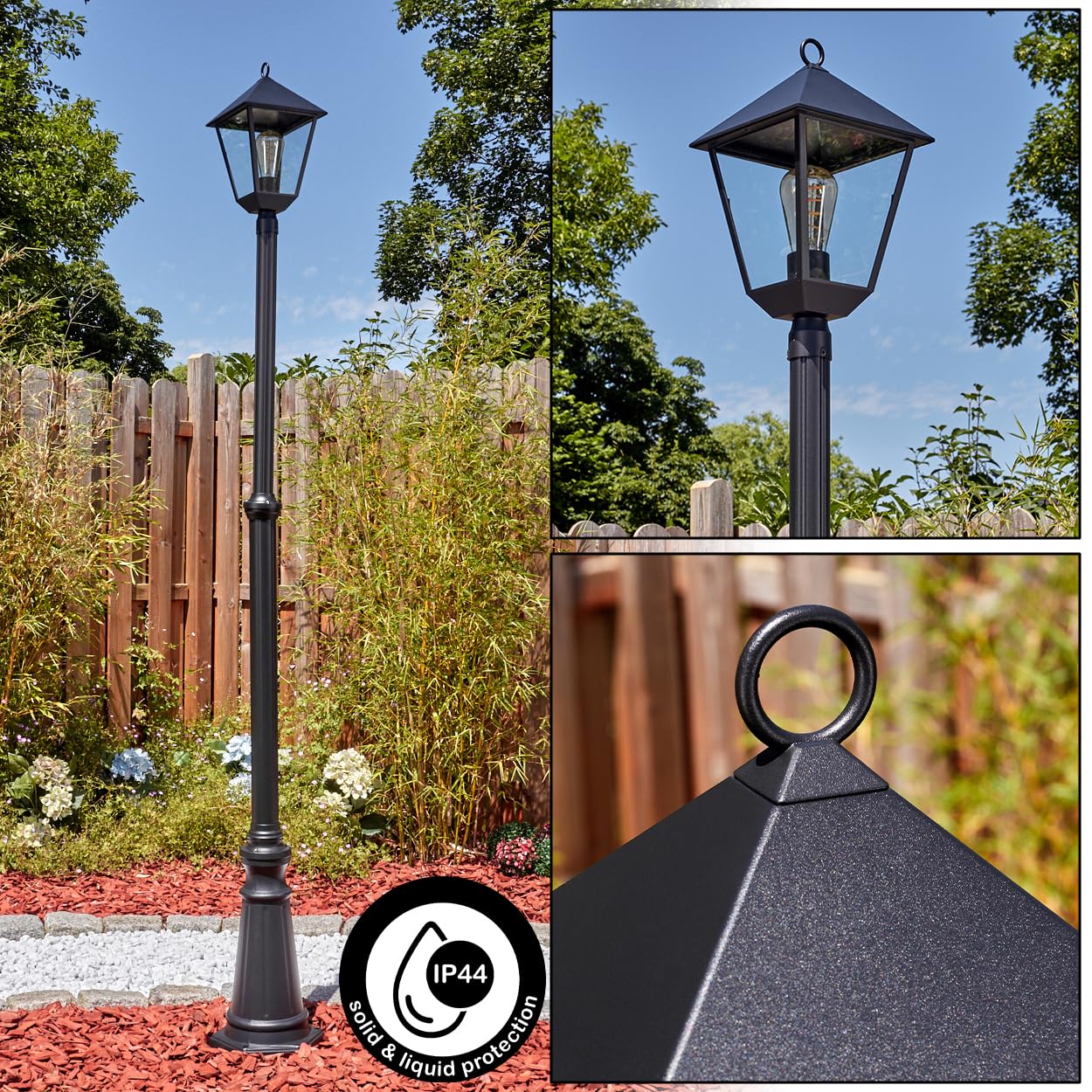 HOFSTEIN Außenwegeleuchte Anfei, Wegeleuchte aus Metall/Glas in Schwarz/Klar, Leuchte im Vintage/Antik/Landhaus-Design für Außenbereich/Garten/Terrasse, Höhe 230 cm, 1 x E27, ohne Leuchtmittel, IP44